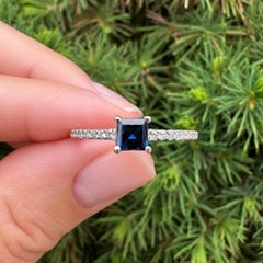 14k White Gold .61ctw Square Step Cut Sapphire w/ Diamond Sides Dainty Band Ring