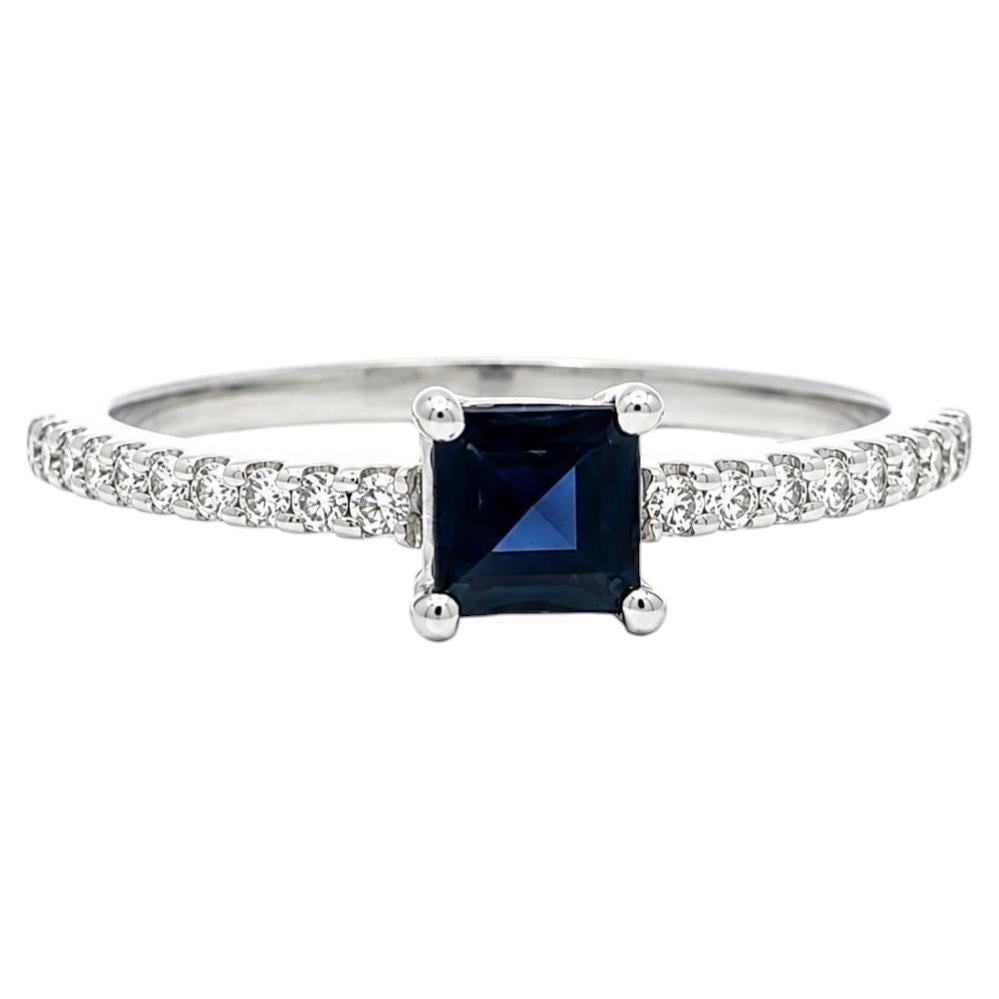 14k White Gold .61ctw Square Step Cut Sapphire w/ Diamond Sides Dainty Band Ring