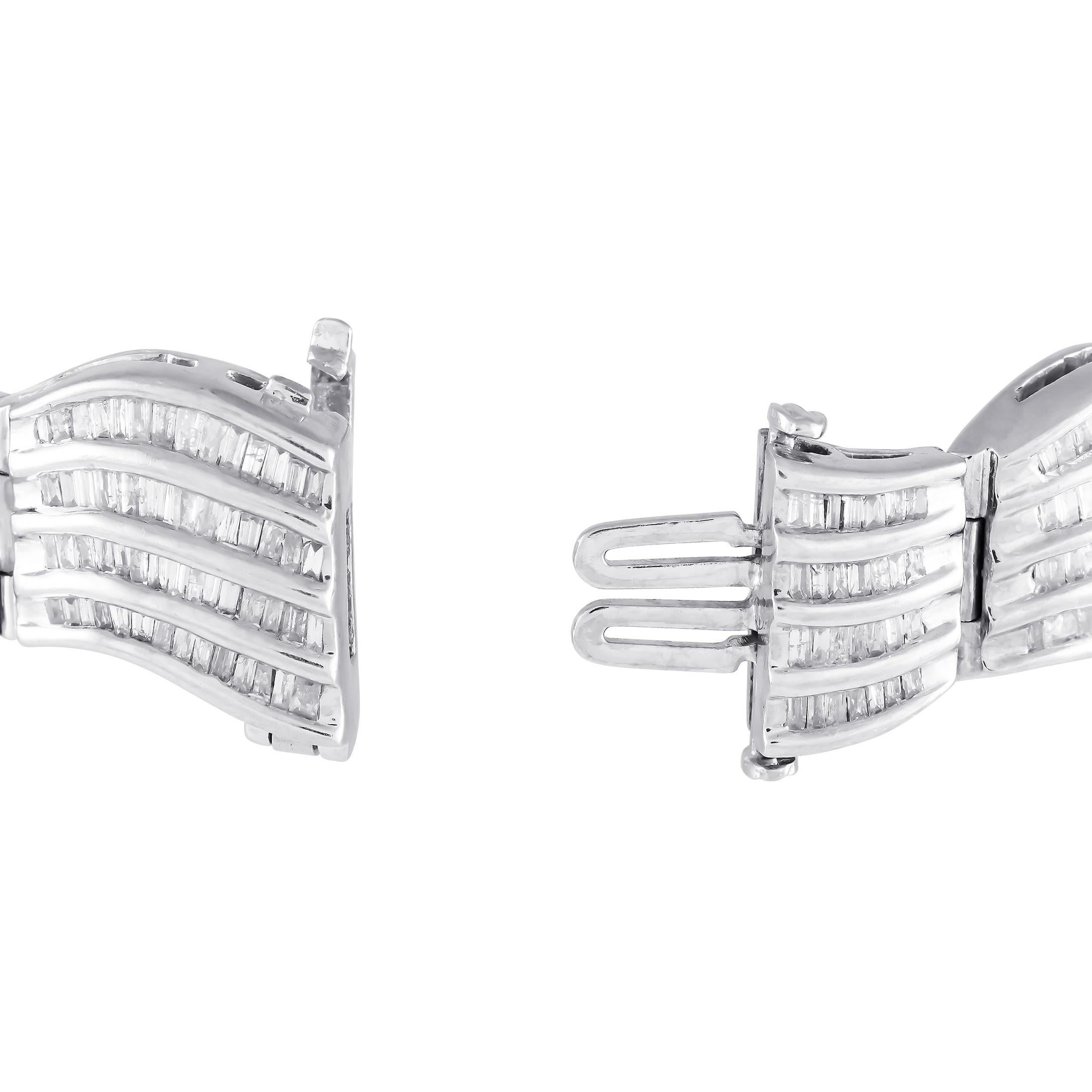 Baguette Cut 14K White Gold 6.48ct Baguette Diamond Wave Bracelet
