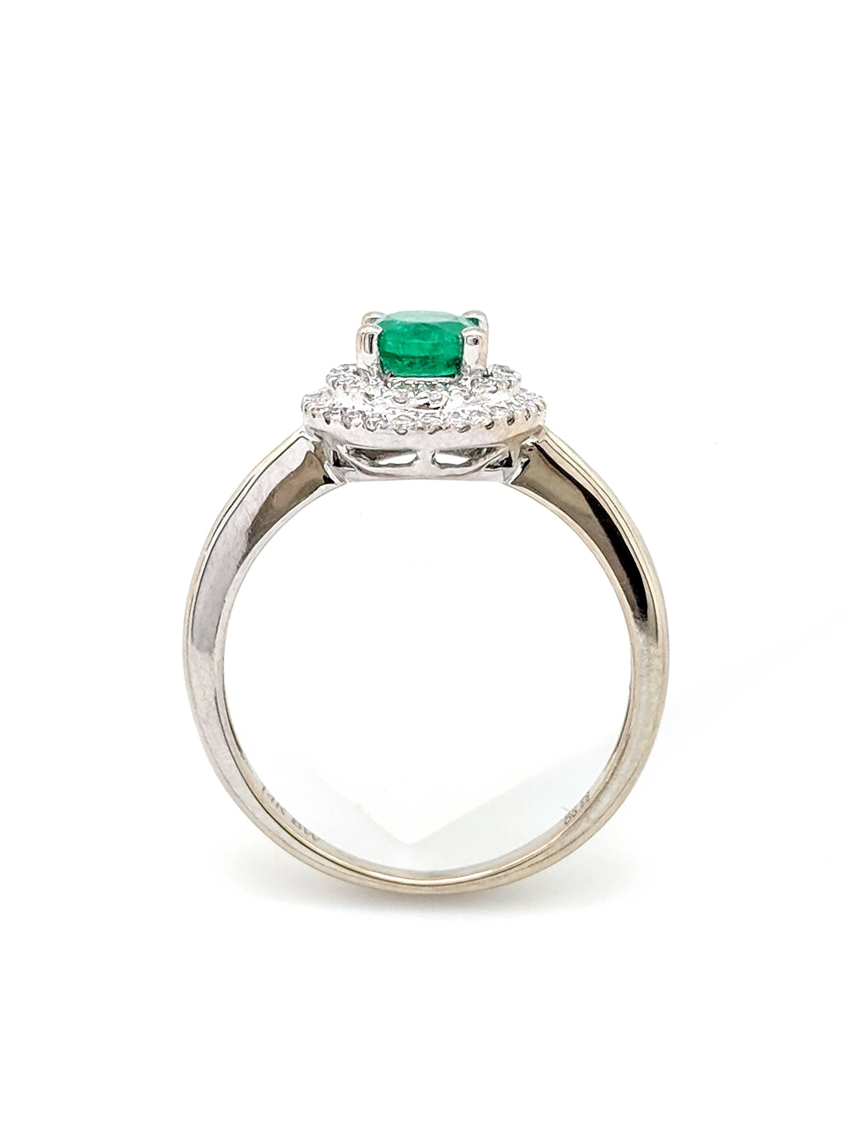 14 Karat White Gold .66 Carat Emerald and Diamond Double Halo Ring 1