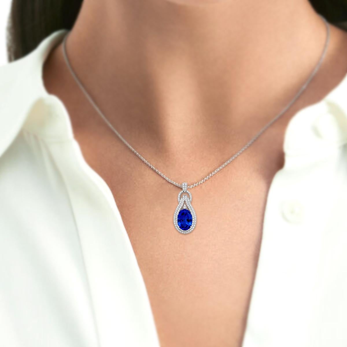 Oval Cut 14K White Gold 6.70cts Tanzanite and Diamond Pendant. Style# P6611 For Sale