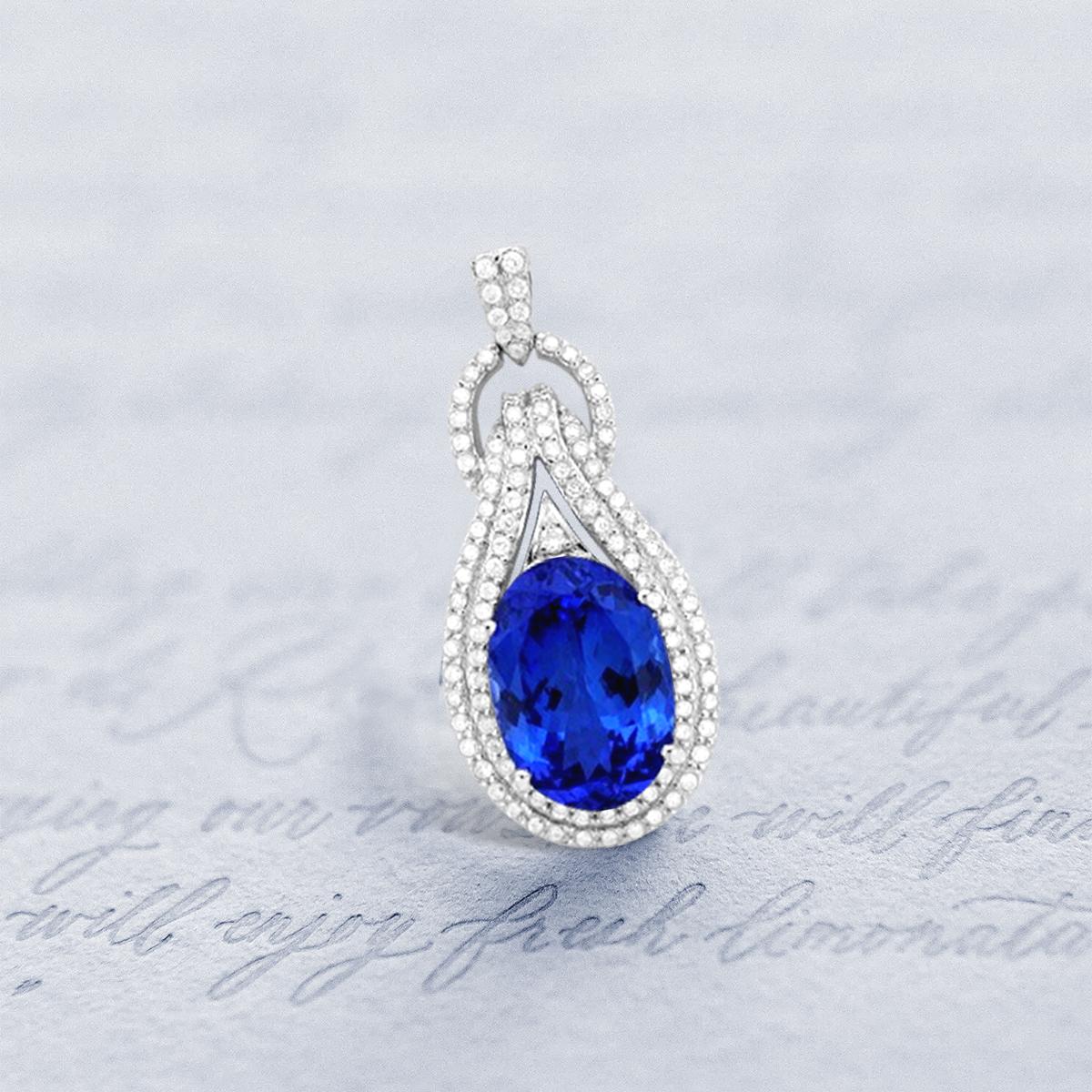 14K White Gold 6.70cts Tanzanite and Diamond Pendant. Style# P6611 In New Condition For Sale In New York, NY