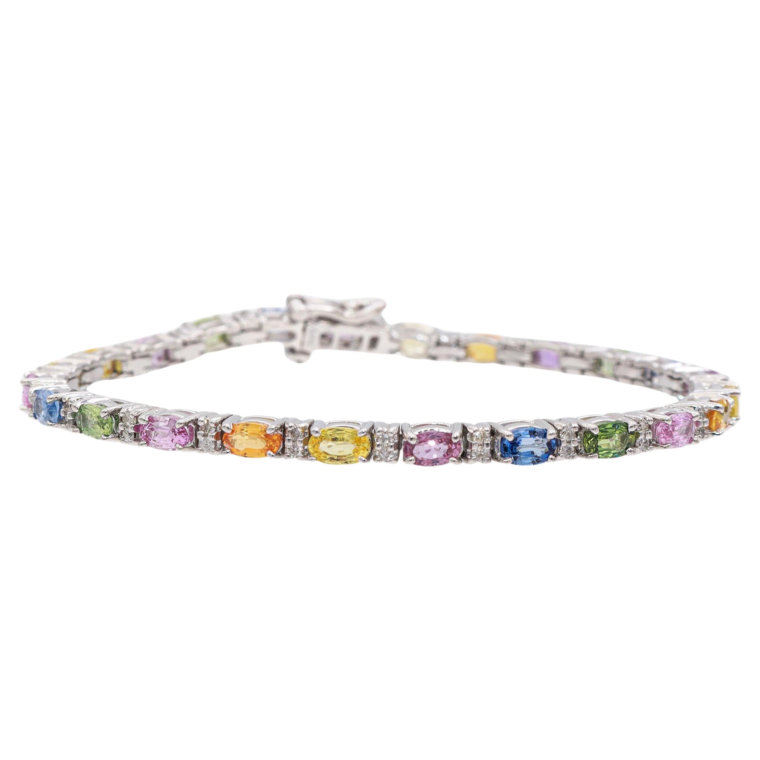 14K White Gold 6.72 tcw Multi-Color Sapphire 
Diamond Tennis Bracelet For Sale