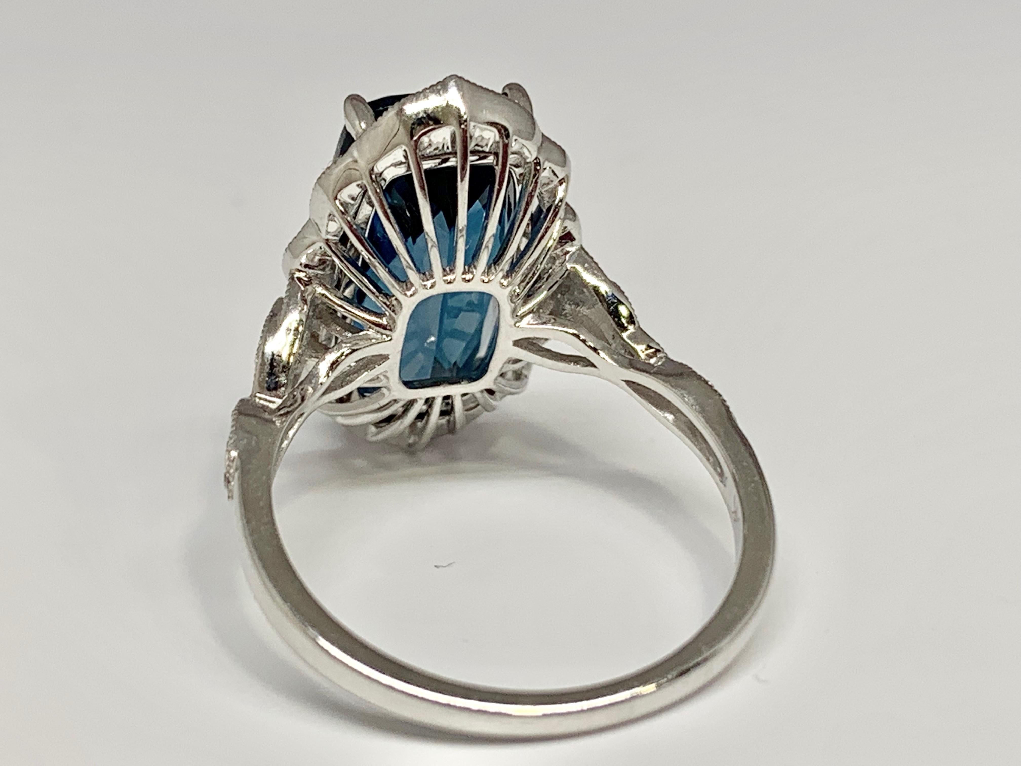 Victorian 14 Karat White Gold 6.90 Carat Blue Topaz and Diamond Cocktail Ring For Sale