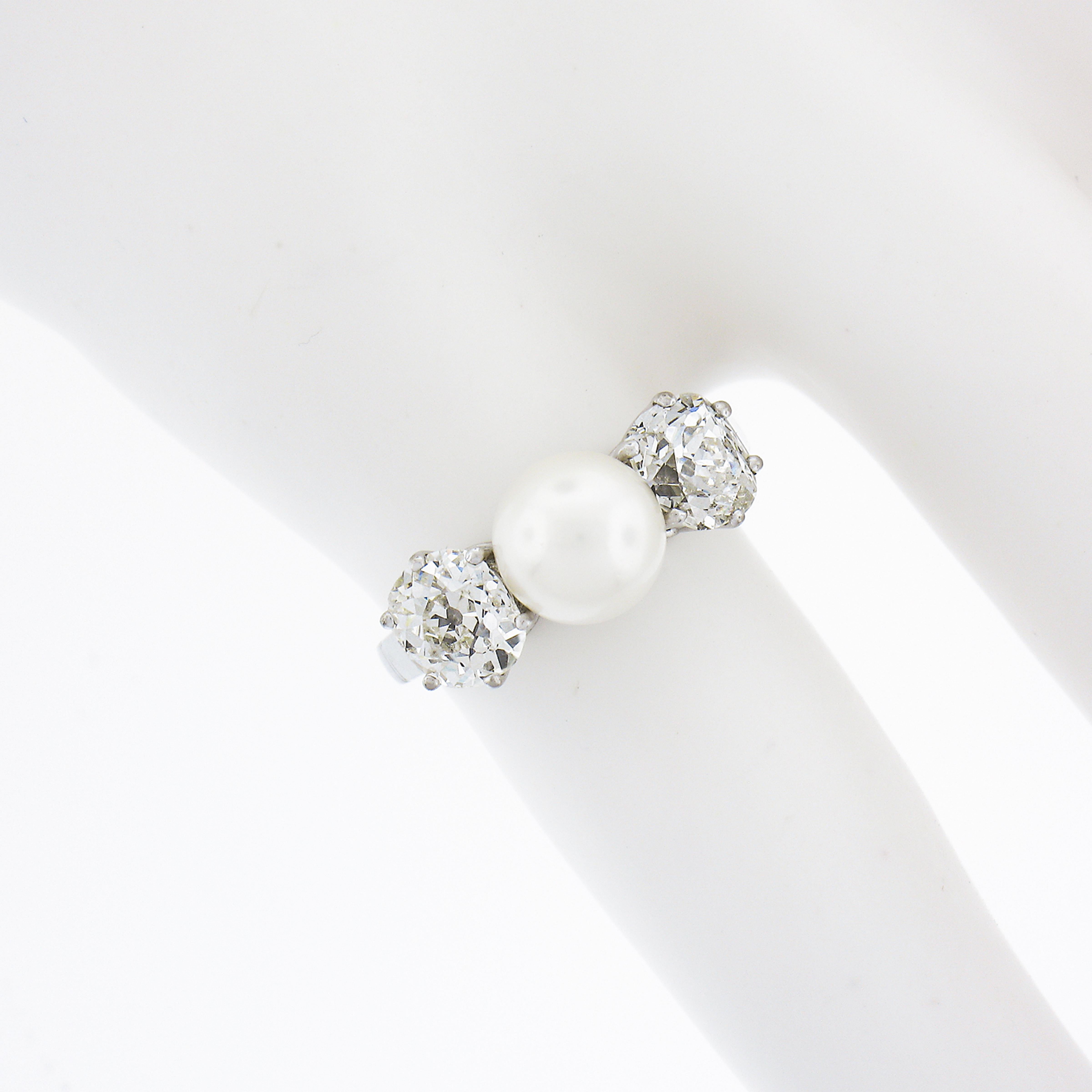 14k Weißgold Ring mit 6,9 mm Perle und 1,40ctw Diamanten im Altminenschliff im Kissenschliff (Alteuropäischer Brillantschliff) im Angebot