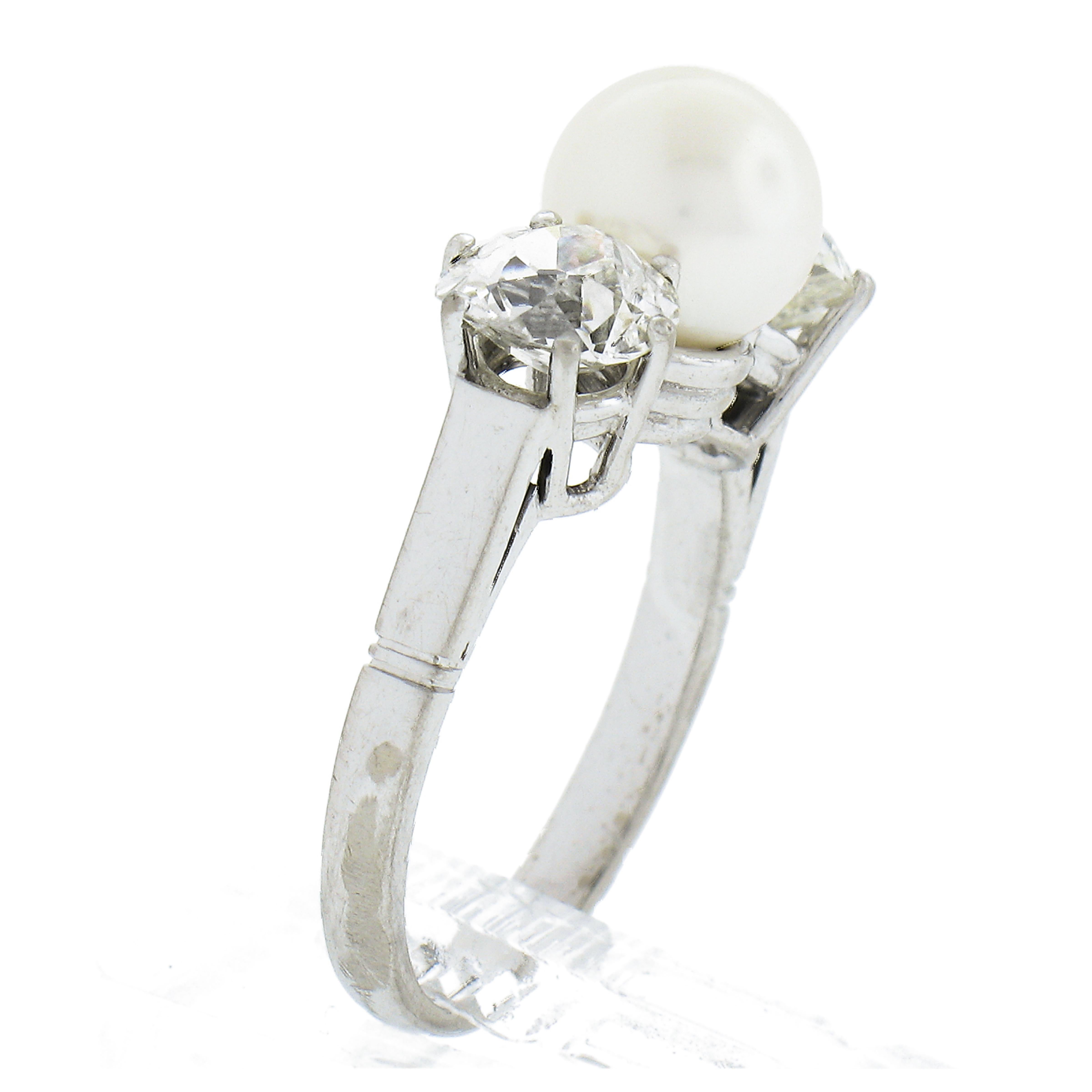 14k Weißgold Ring mit 6,9 mm Perle und 1,40ctw Diamanten im Altminenschliff im Kissenschliff im Angebot 4