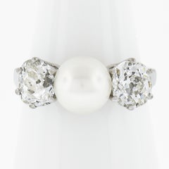 14k White Gold 6.9mm Pearl and 1.40ctw Old Mine Cut Cushion Diamonds Ring