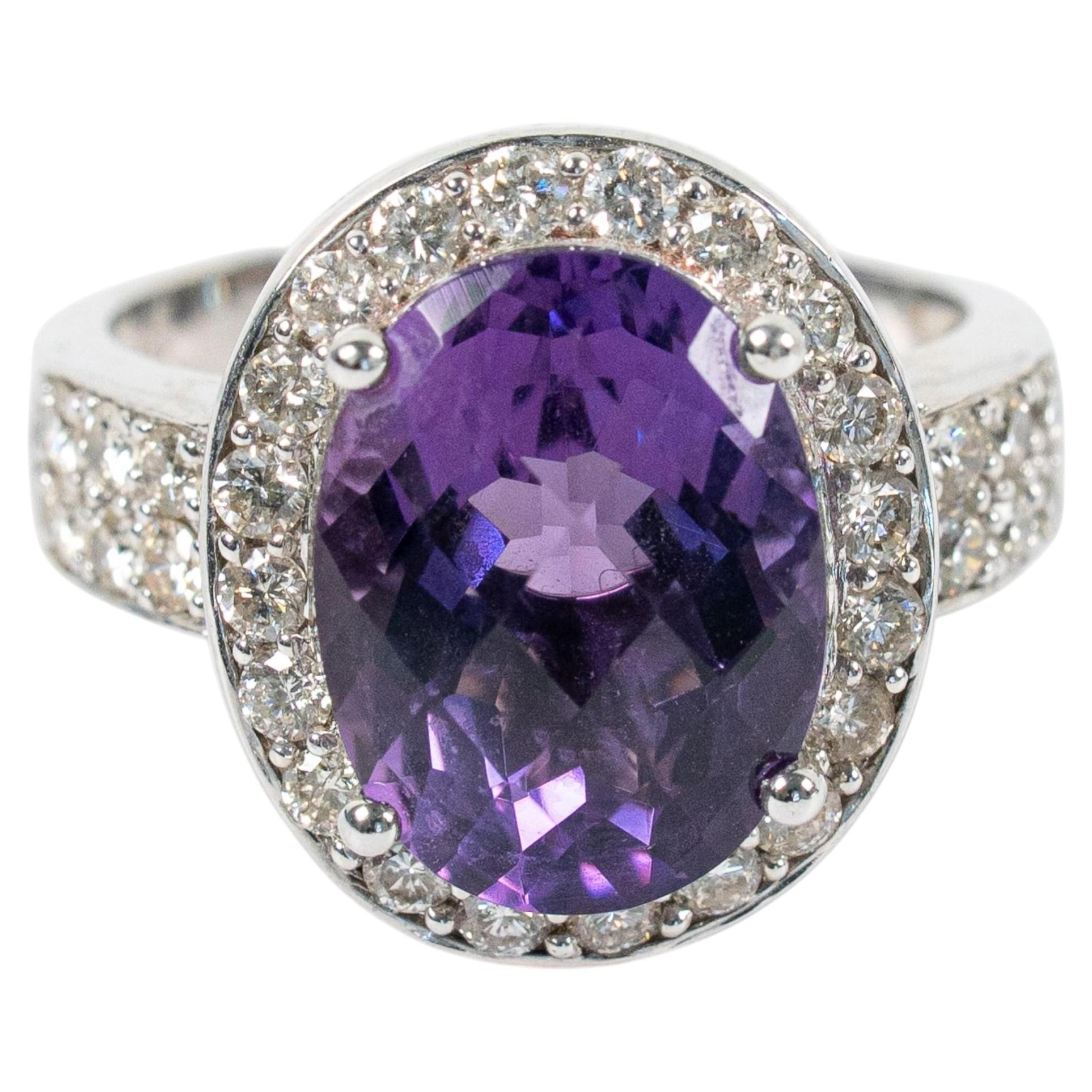 14k White Gold 6ct Oval Purple Amethyst & Diamond Cocktail Ring For Sale