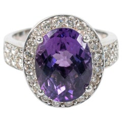 14k White Gold 6ct Oval Purple Amethyst & Diamond Cocktail Ring