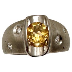 Bague en or blanc 14k Citrine ronde 6mm et 4 diamants Taille 8 1/4