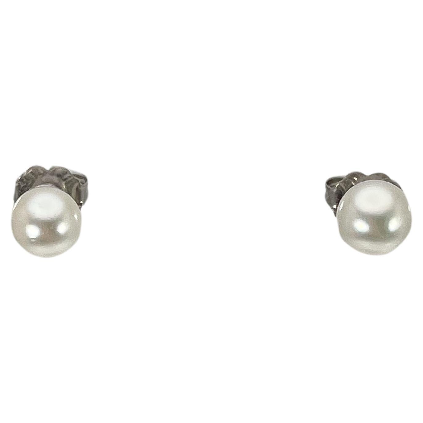 14K White Gold 6MM White Pearl Stud Earrings For Sale
