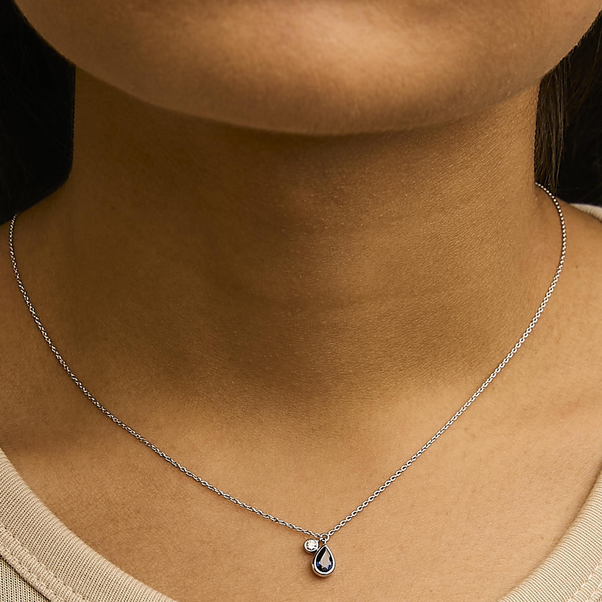 Pear Cut 14K White Gold 6x4 Pear Blue Sapphire and Diamond Accent Charm Pendant Necklace For Sale