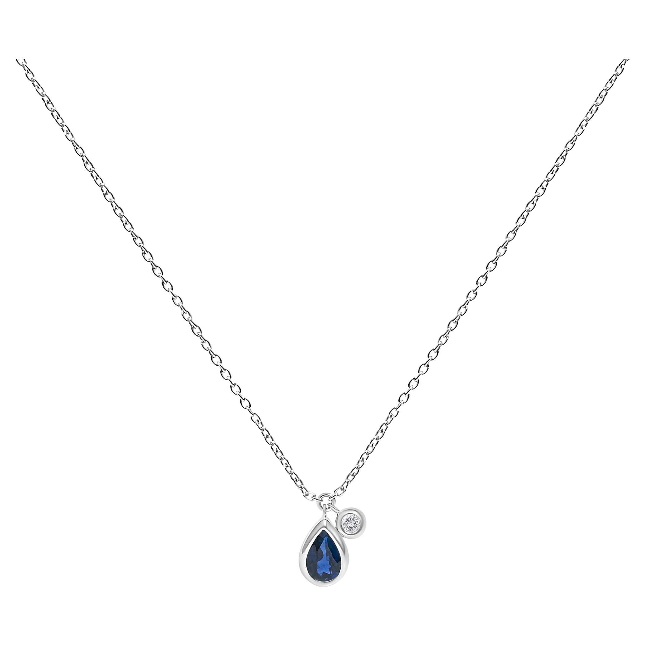 14K White Gold 6x4 Pear Blue Sapphire and Diamond Accent Charm Pendant Necklace For Sale