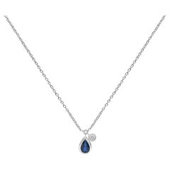 14K White Gold 6x4 Pear Blue Sapphire and Diamond Accent Charm Pendant Necklace