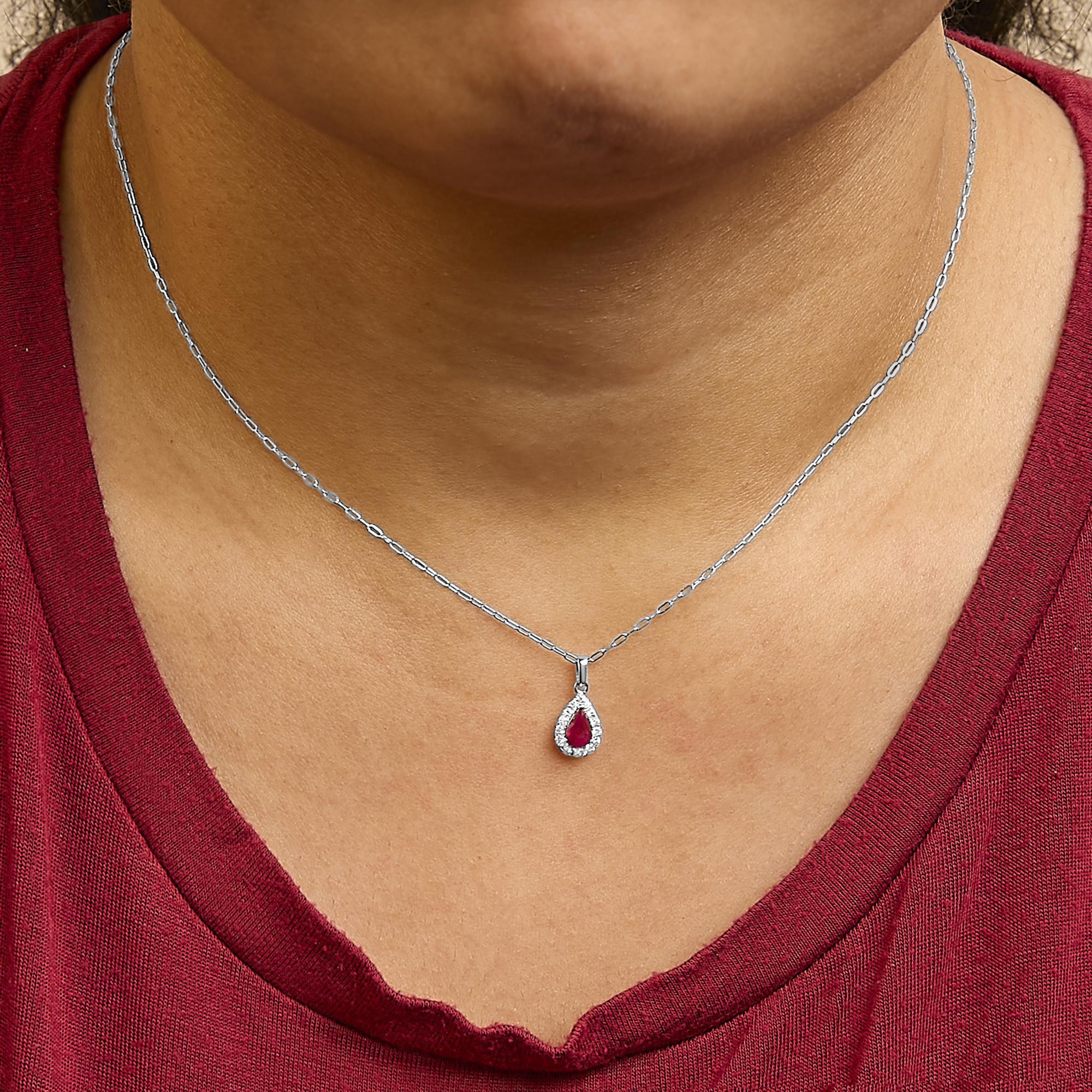 Taille poire Collier pendentif halo en or blanc 14K 6x4 poires, rubis rouge et diamants - 18