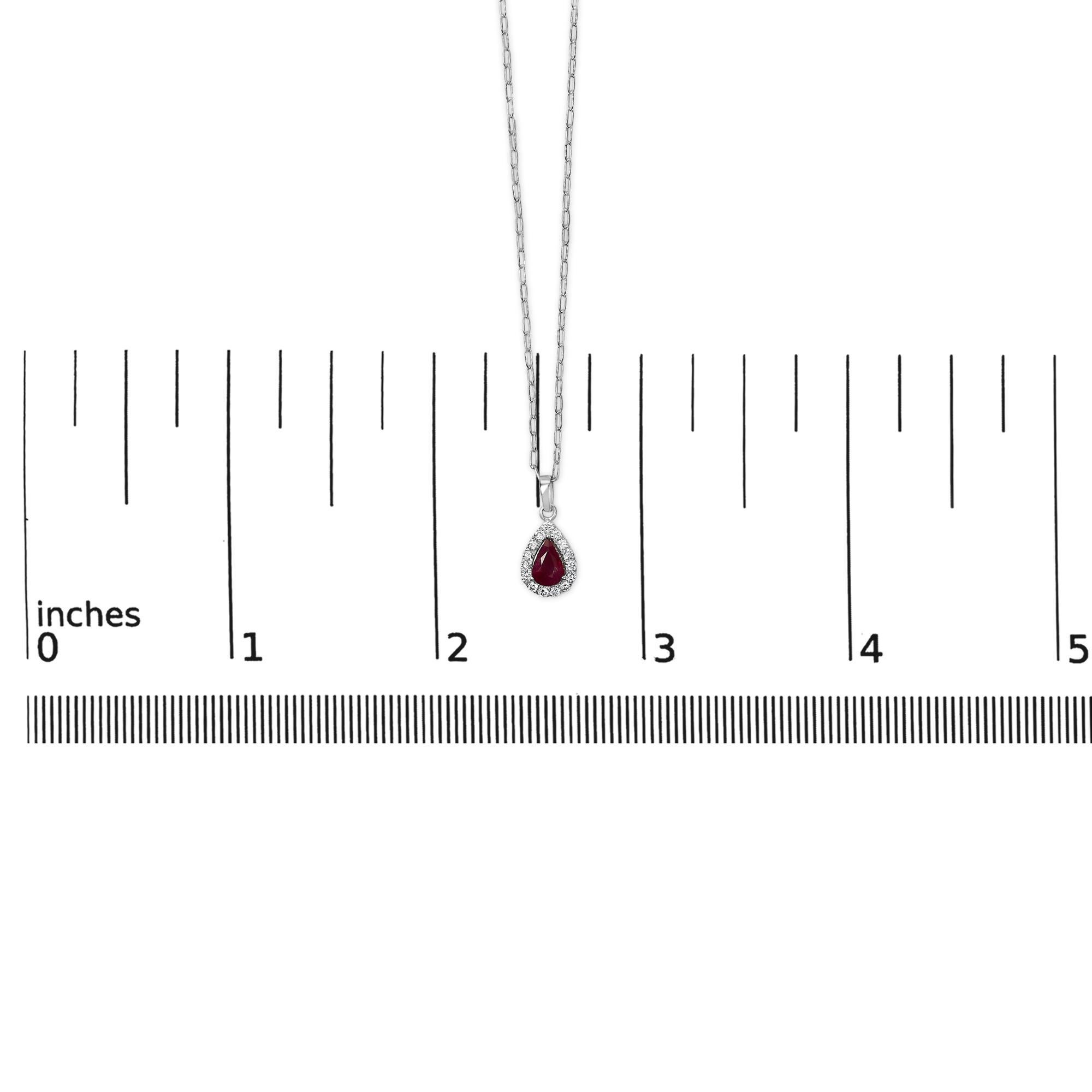 Collier pendentif halo en or blanc 14K 6x4 poires, rubis rouge et diamants - 18