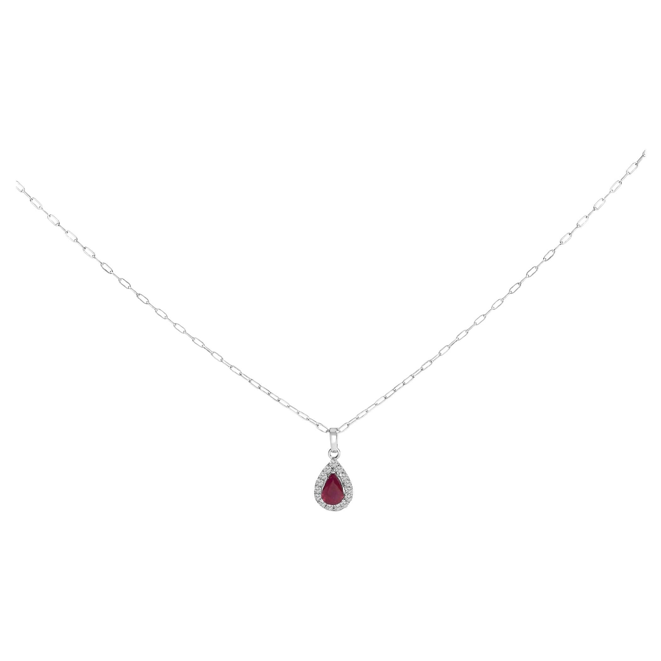 Collier pendentif halo en or blanc 14K 6x4 poires, rubis rouge et diamants - 18" pouces