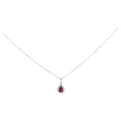 Collier pendentif halo en or blanc 14K 6x4 poires, rubis rouge et diamants - 18" pouces