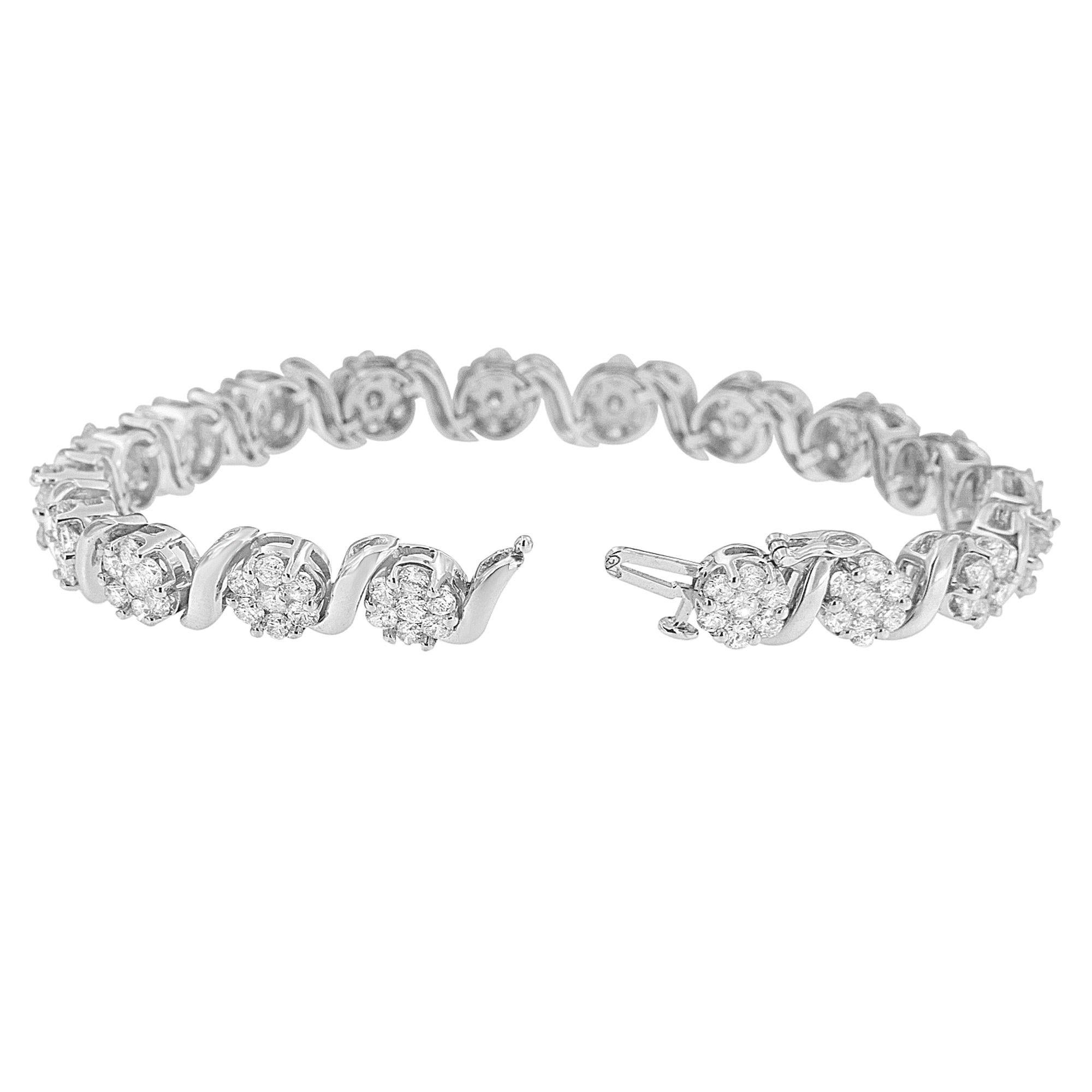 Round Cut 14K White Gold 7 3/8 Carat Round Diamond Floral Cluster and S Link Bracelet For Sale