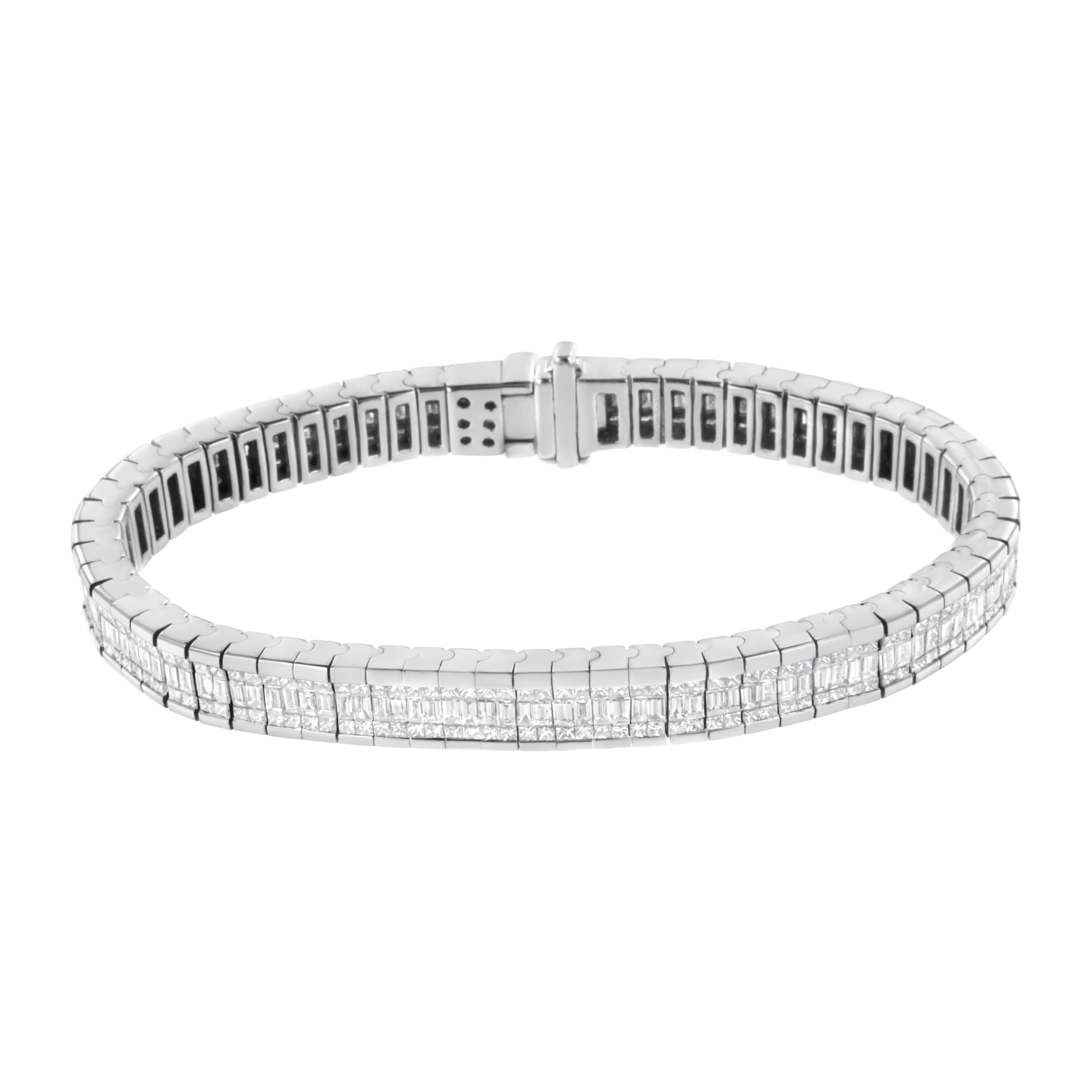 Add sophistication to your style with this tennis fashion bracelet. Composed of 14-karat white gold, it is polished to shine high. The stunning jewelry is adorned with sparkling seven carat baguette, and princess cut diamonds all over. An overall