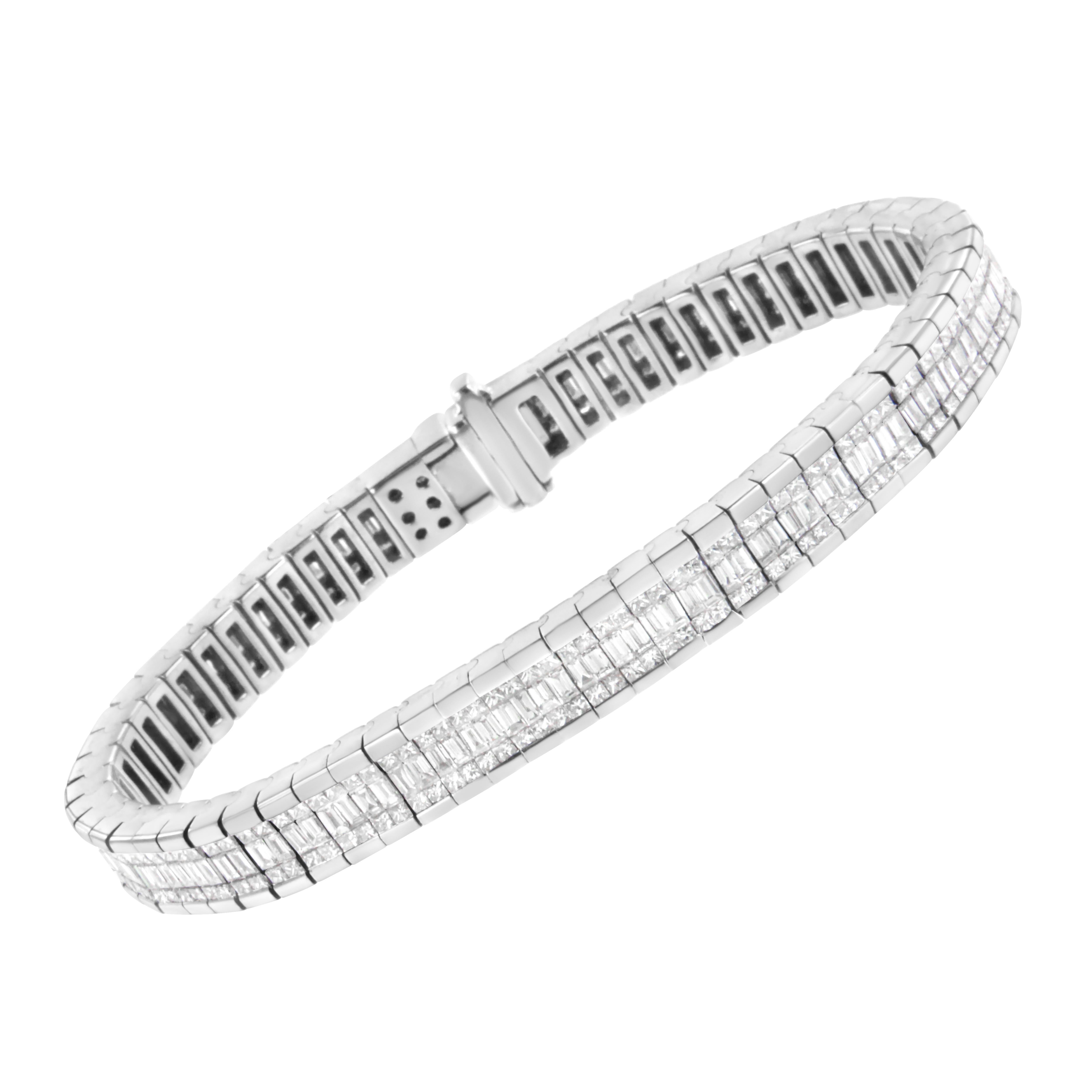 14k White Gold 7 7/8 Carat Princess and Baguette Diamond Eternity Bracelet Contemporáneo en venta
