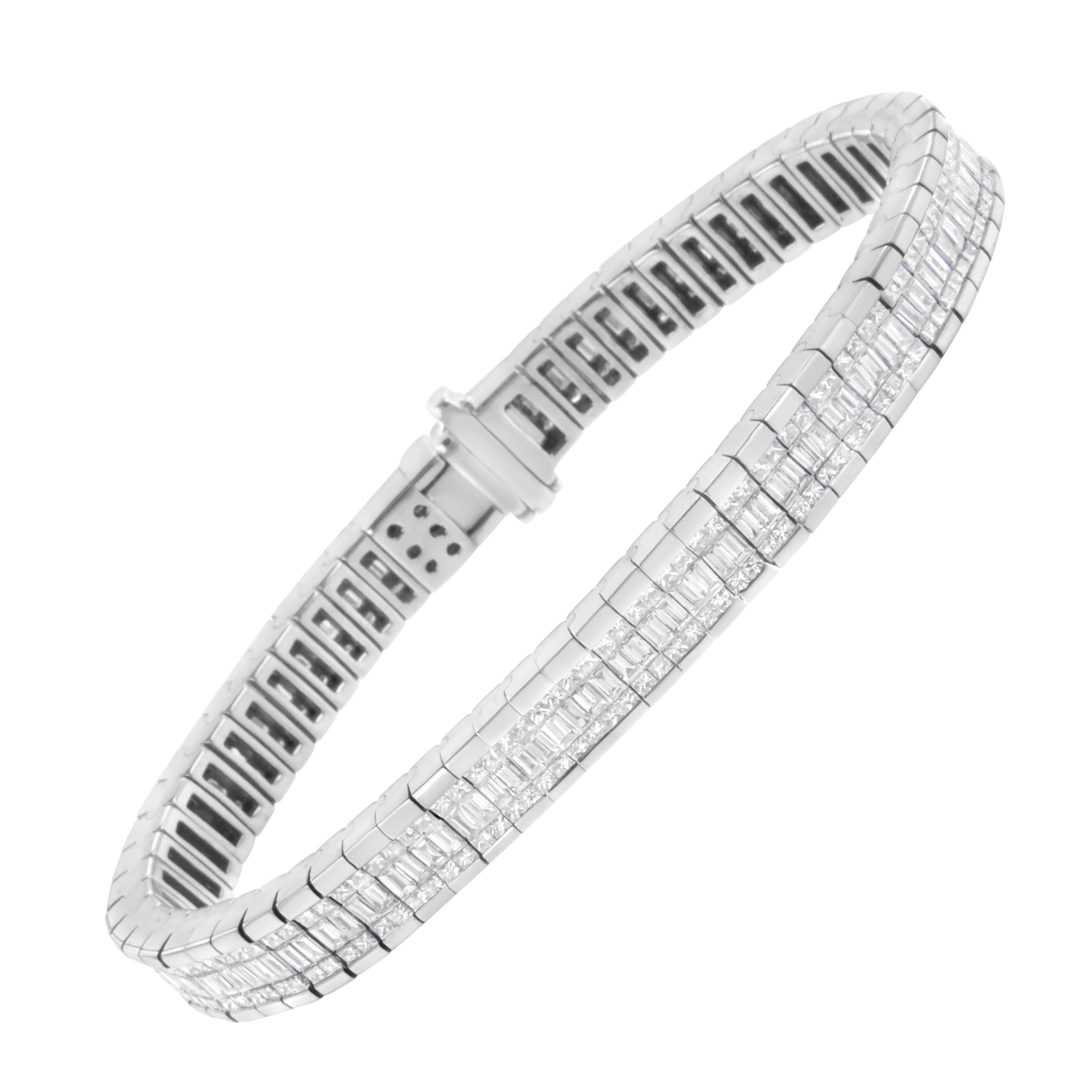 14k White Gold 7 7/8 Carat Princess and Baguette Diamond Eternity Bracelet