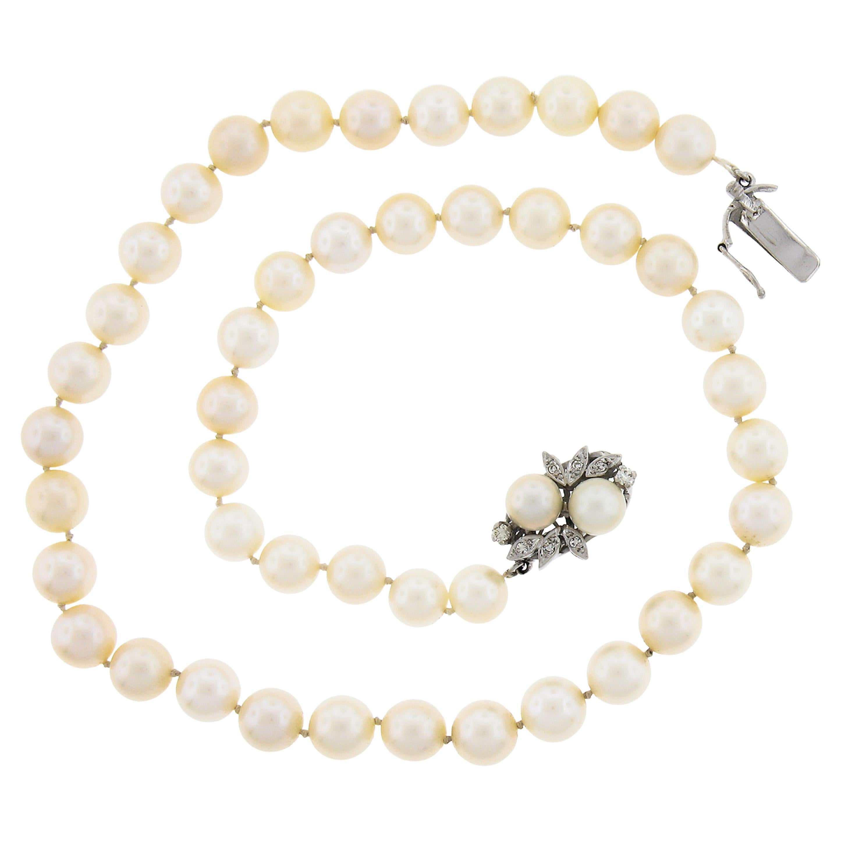 14k White Gold 7-7.5mm Cultured Pearl 15" Stand Necklace Diamond Clasp