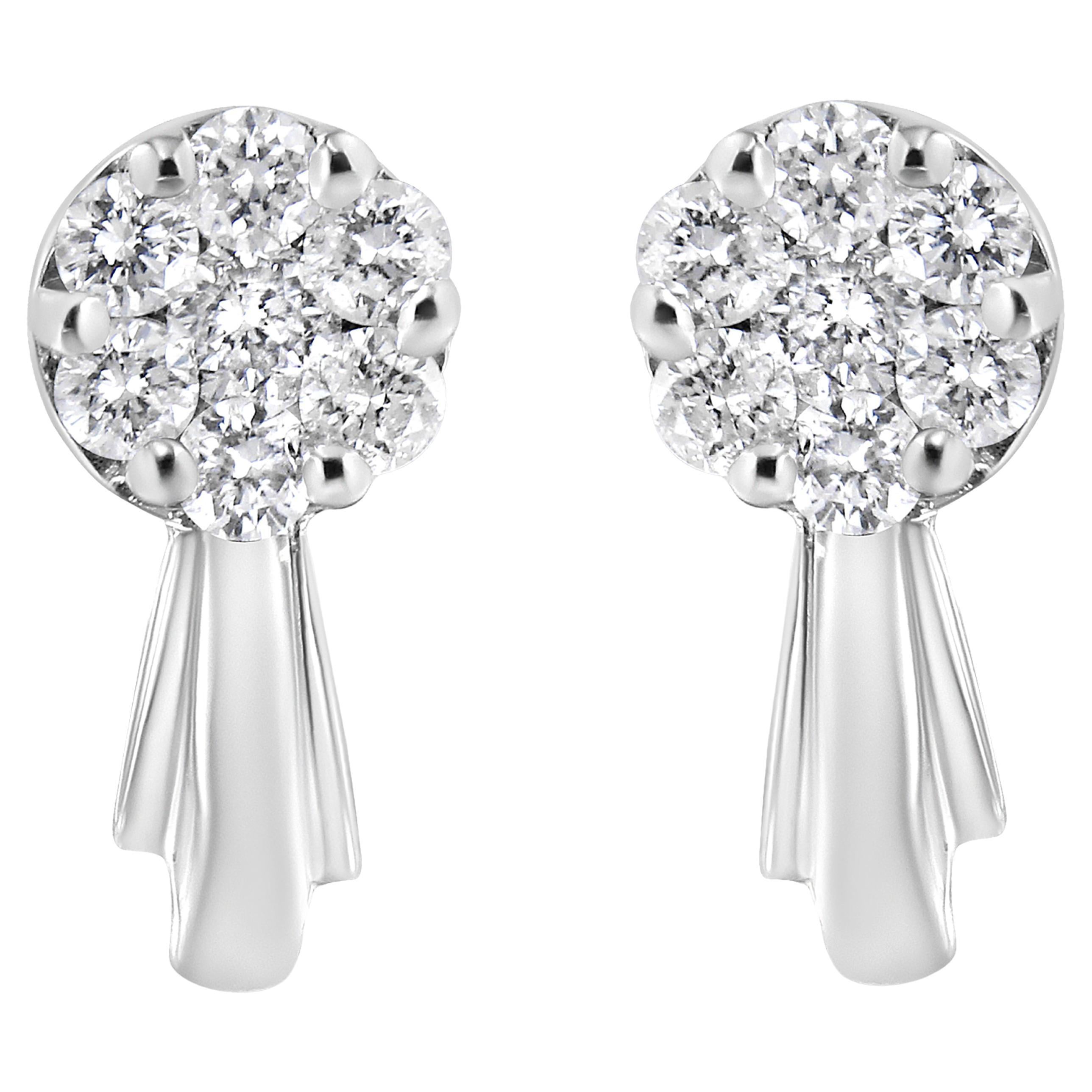 Clous d'oreilles pendants en or blanc 14 carats avec grappe de diamants à fleurs de 7/8 carats