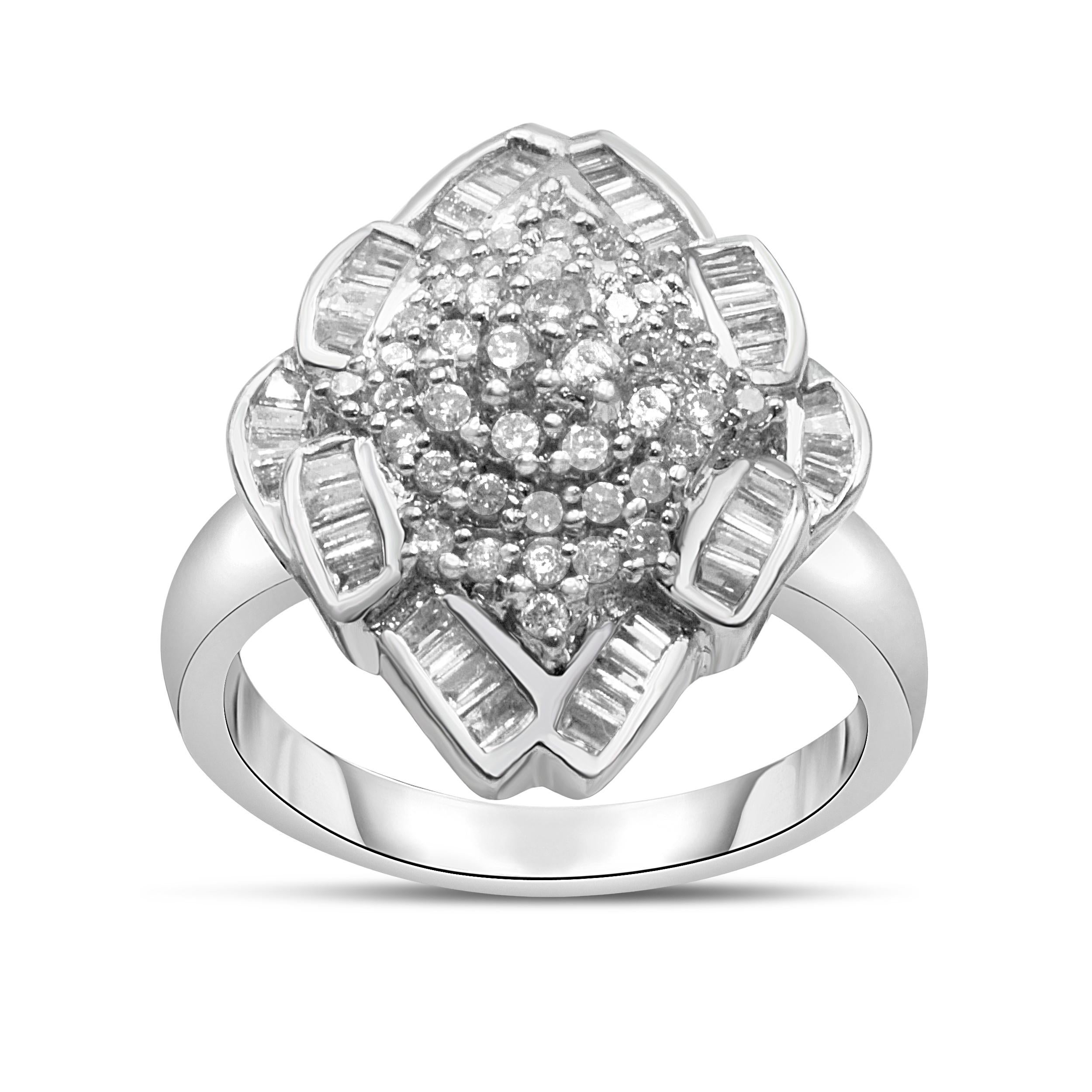 This stunning 14k white gold cocktail ring is inlaid with 7/8 carats of beautiful, natural diamonds. The central cluster of this ring is composed of glimmering round-cut diamonds in an elegant prong setting. Flanked on each side in a floral design