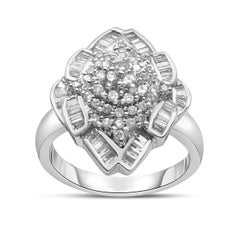 14K White Gold 7/8 Carat Round and Baguette-Cut Diamond Cluster Ring
