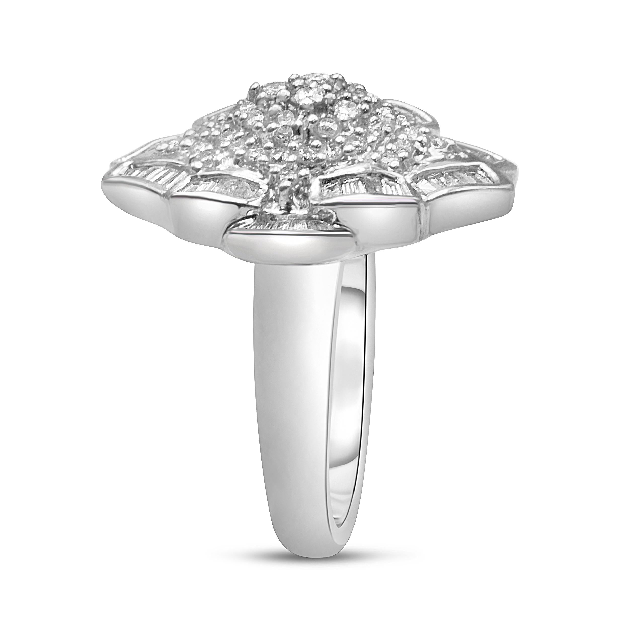 Contemporary 14K White Gold 7/8 Carat Round and Baguette-Cut Diamond Cluster Ring For Sale