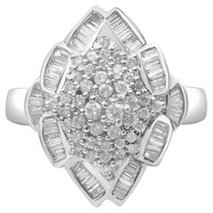 14K White Gold 7/8 Carat Round and Baguette-Cut Diamond Cluster Ring