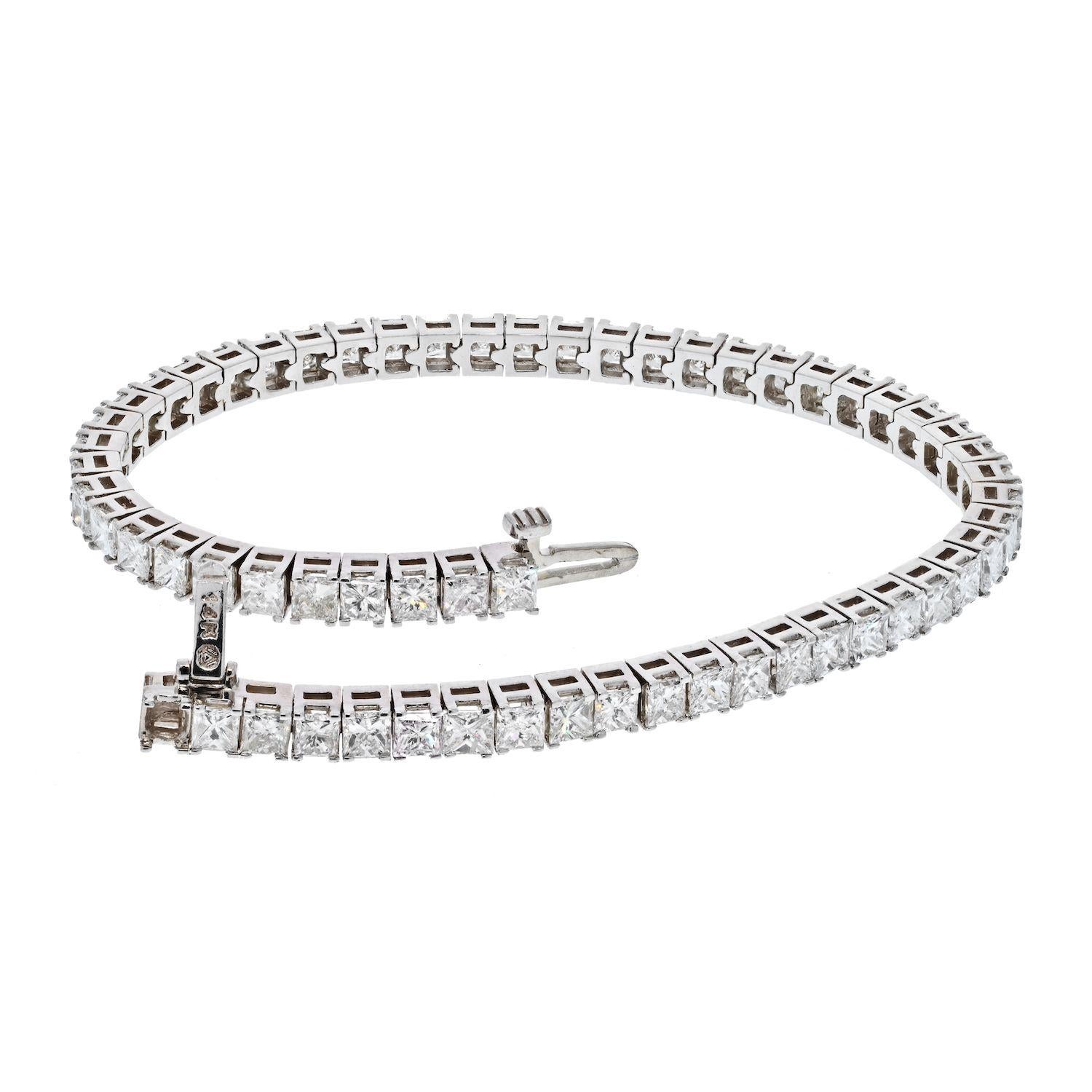 Made in 14K White Gold mounted with 7.70cts of princess cut diamonds, this is a perfect bracelet to wear day to night. 
7 inches long. 
Box closure with safety.
Can be shortened at your local jeweler. 