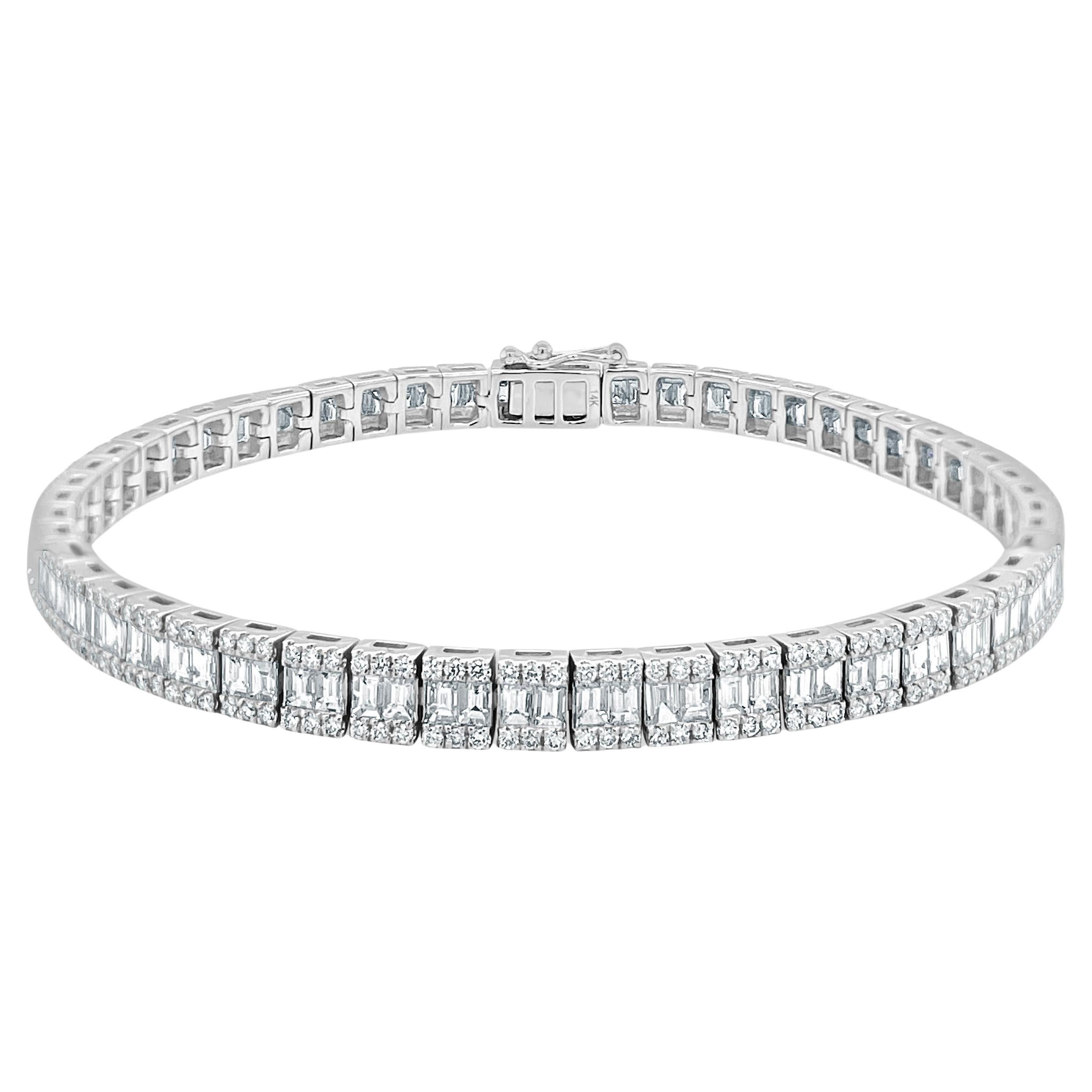 Bracelet en or blanc 14 carats avec diamants baguettes et ronds de 3,25 carats pour elle