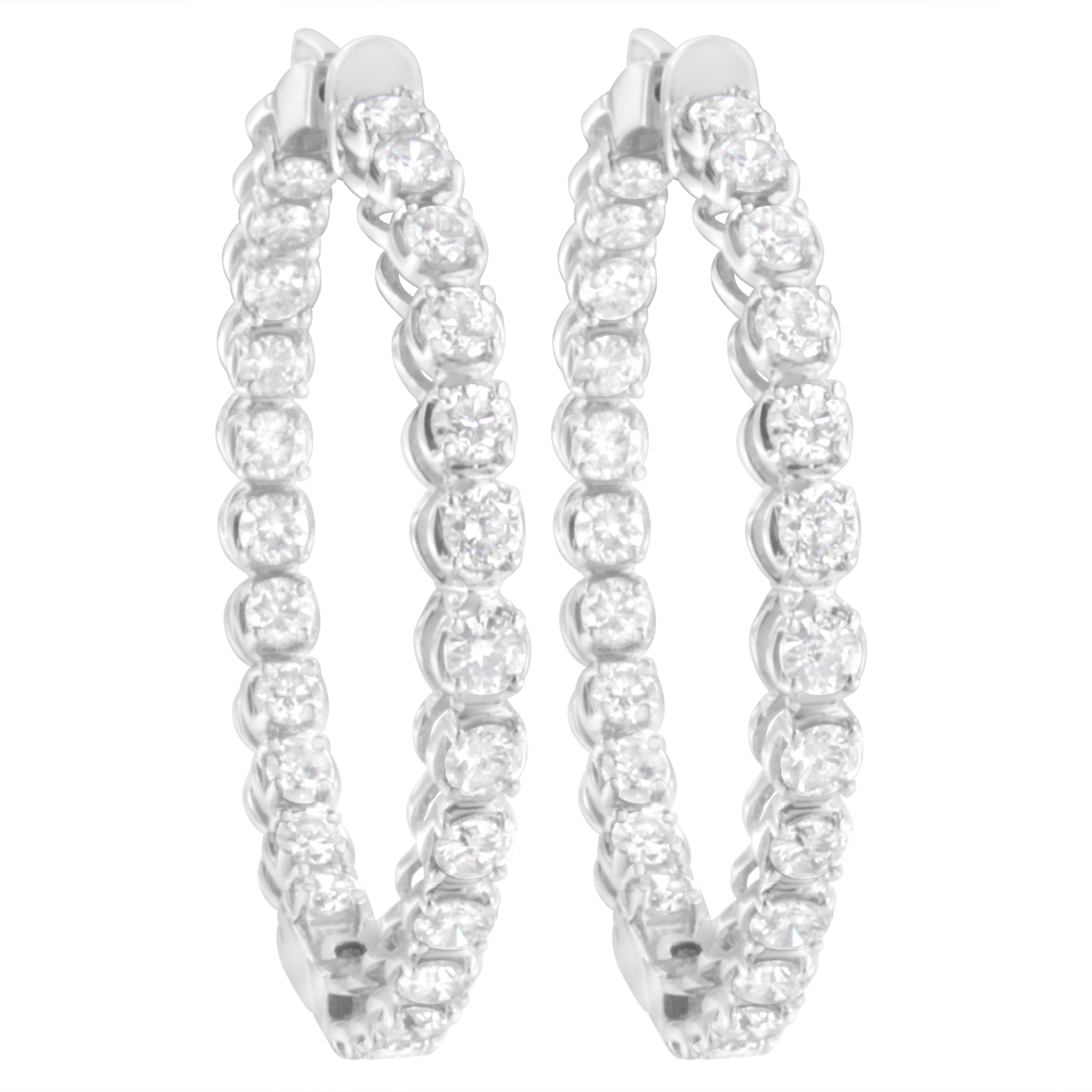 Round Cut 14K White Gold 7.0 Cttw Diamond 1-¾ Inside Out Hinged Leverback Hoop Earrings For Sale