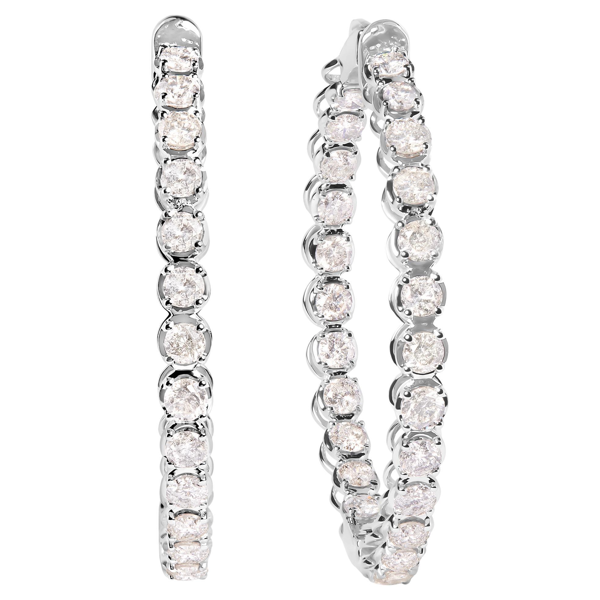 14K White Gold 7.0 Cttw Diamond 1-¾ Inside Out Hinged Leverback Hoop Earrings For Sale