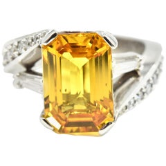14k White Gold 7.06ct Step Cut Yellow Sapphire, Diamond Mounting Cocktail Ring