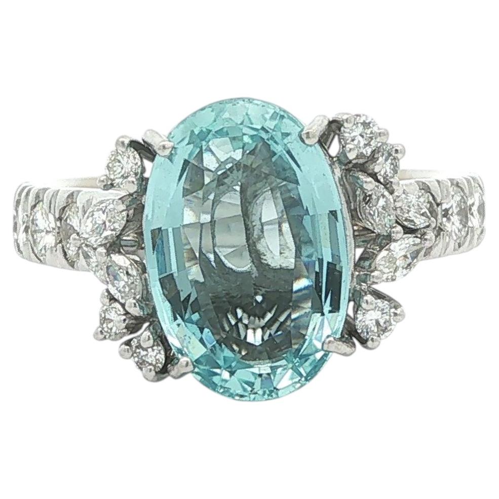 14k White Gold 7.25ctw Oval Aquamarine w/ Diamond Shoulders Cocktail Ring