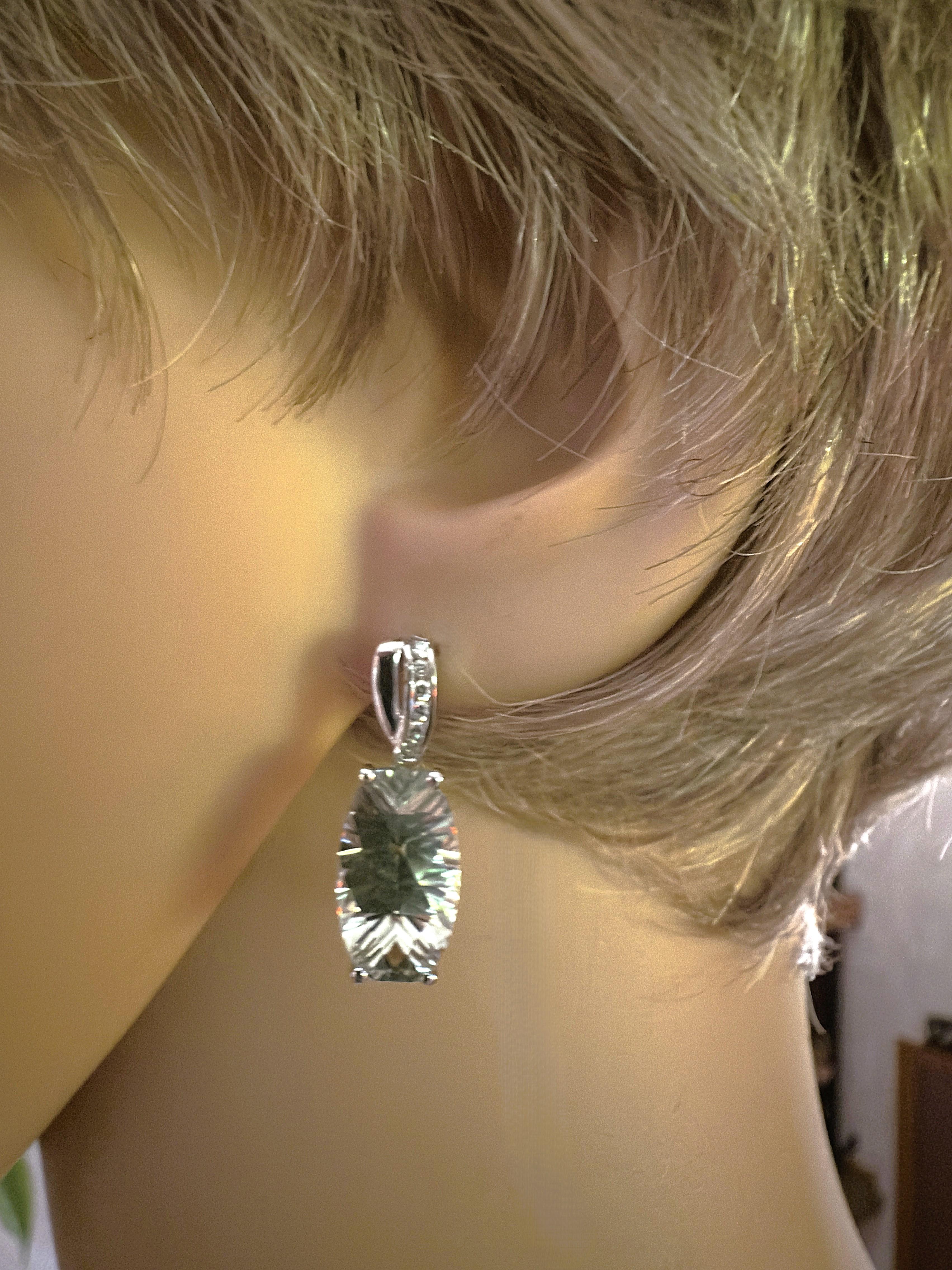 Art Deco 14k White Gold 7.5 Carat Prasiolite and Diamond Post Dangle Earrings For Sale