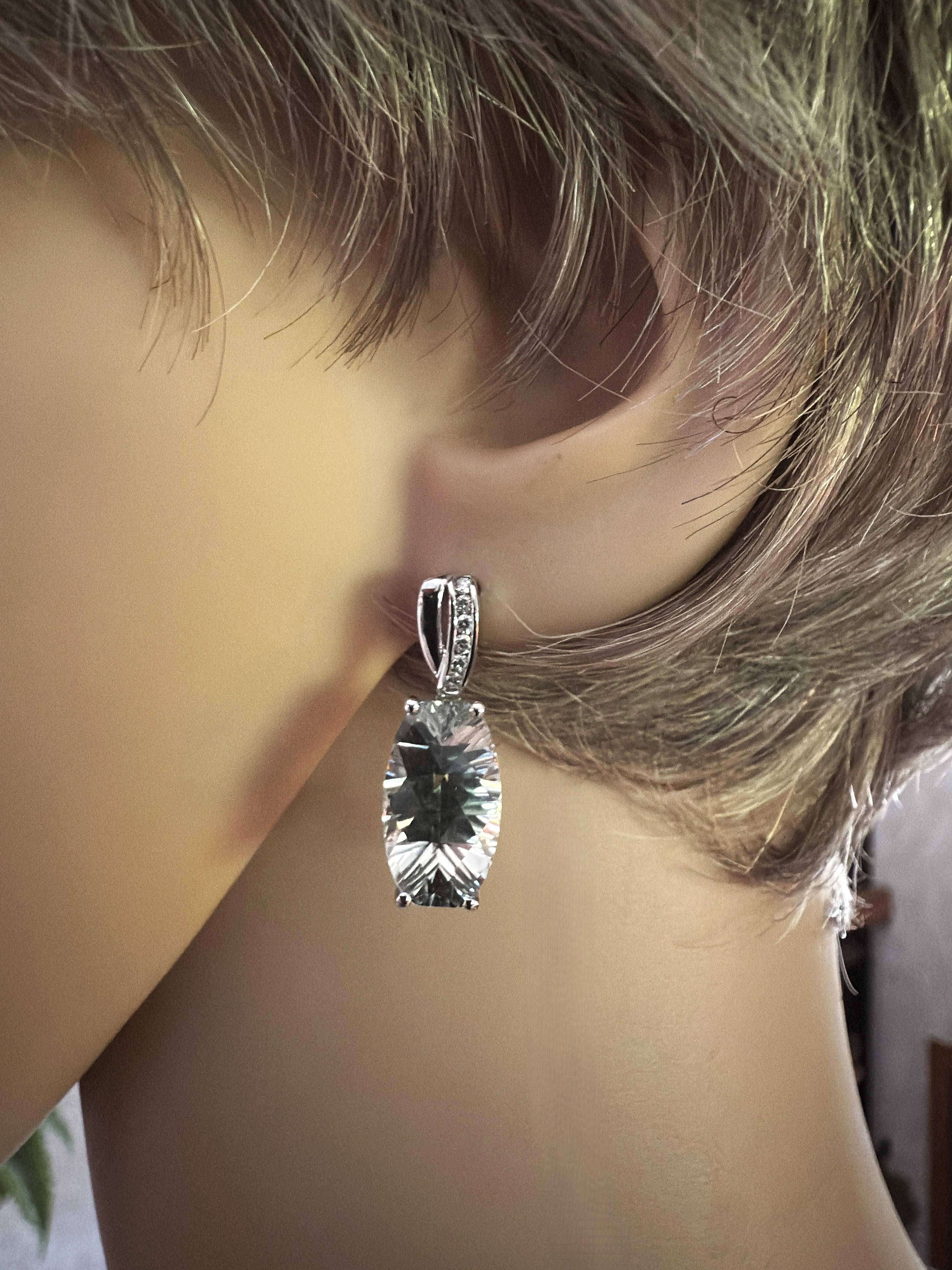 Baguette Cut 14k White Gold 7.5 Carat Prasiolite and Diamond Post Dangle Earrings For Sale