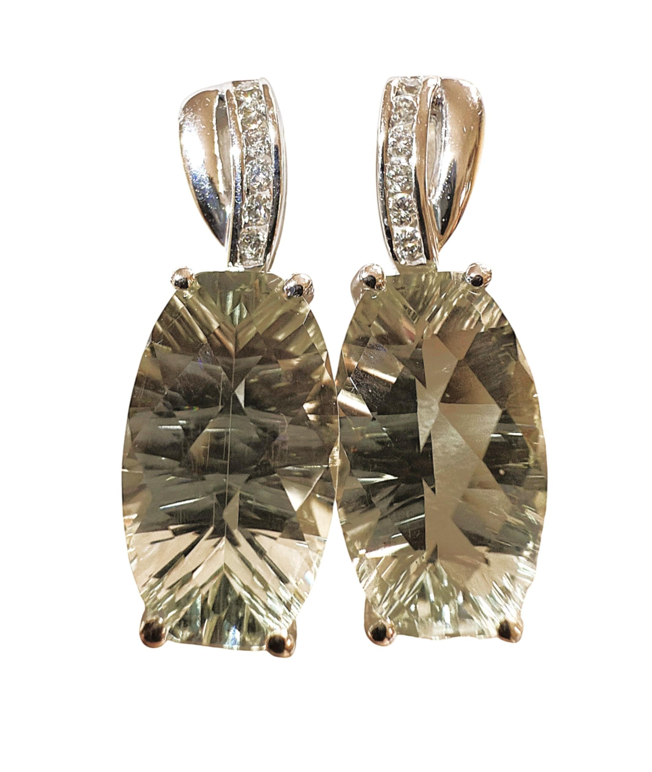 Women's 14k White Gold 7.5 Carat Prasiolite and Diamond Post Dangle Earrings For Sale