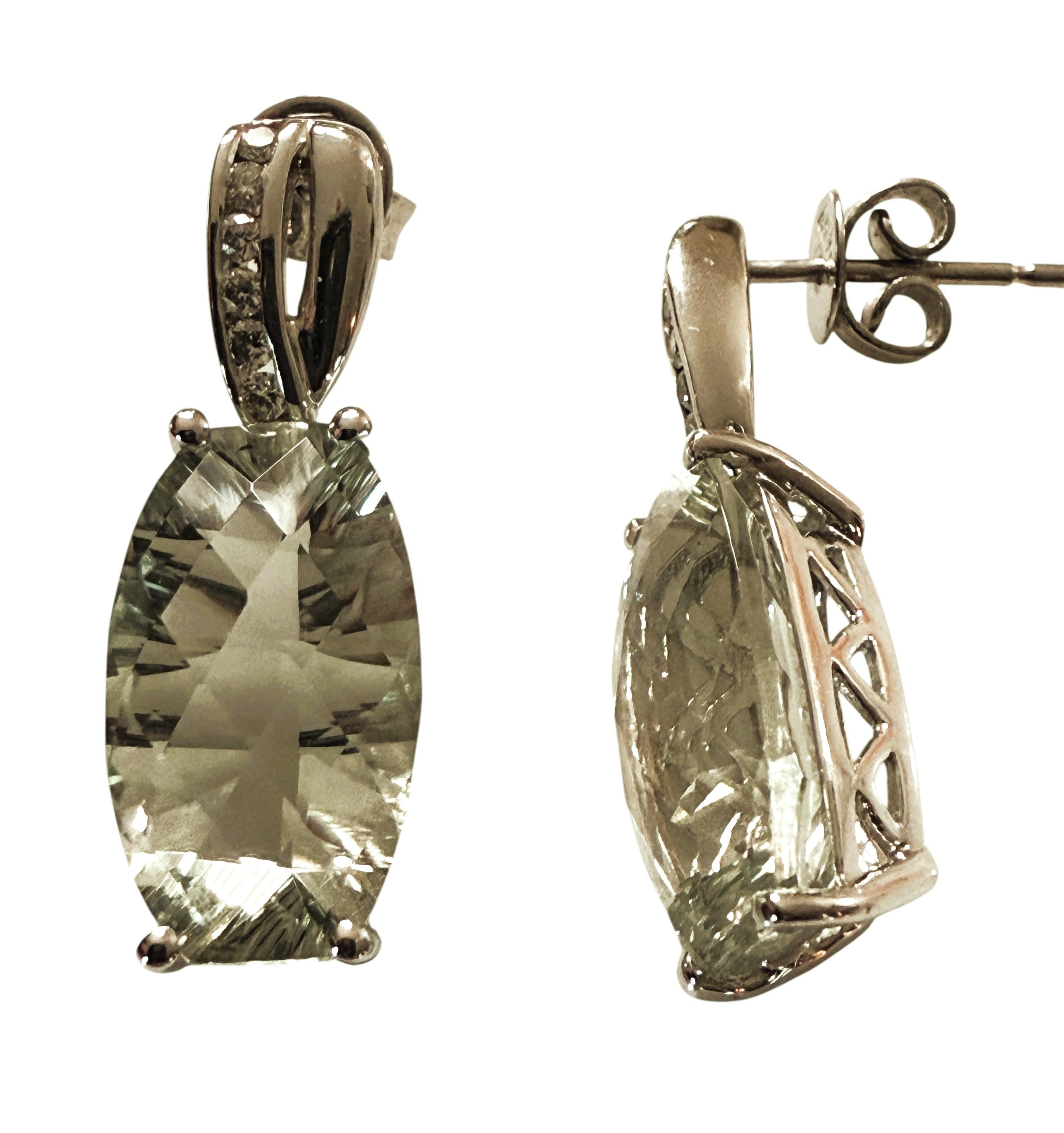 14k White Gold 7.5 Carat Prasiolite and Diamond Post Dangle Earrings For Sale 1