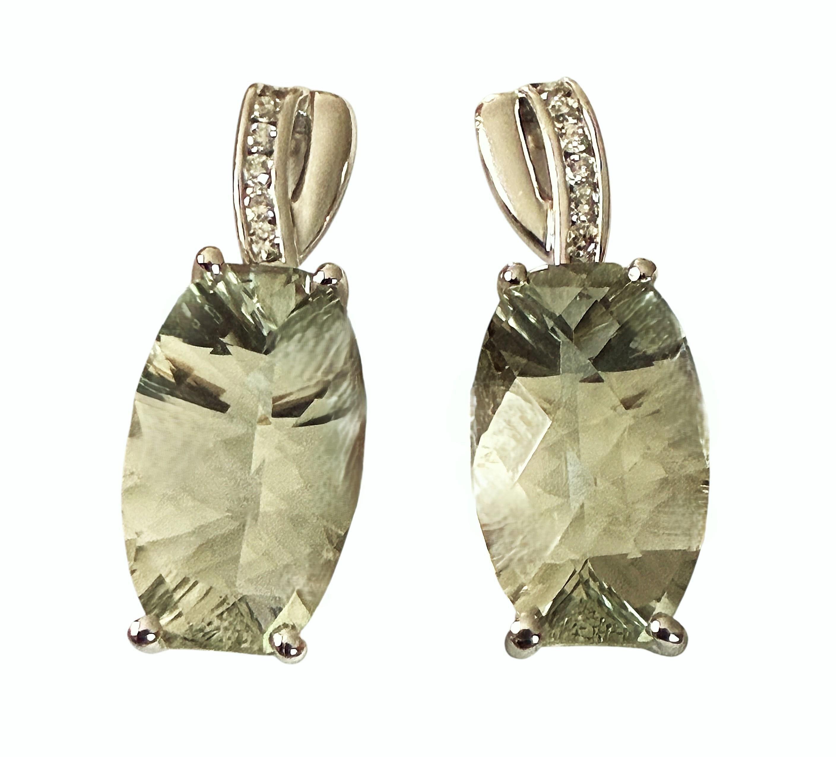 14k White Gold 7.5 Carat Prasiolite and Diamond Post Dangle Earrings For Sale 2