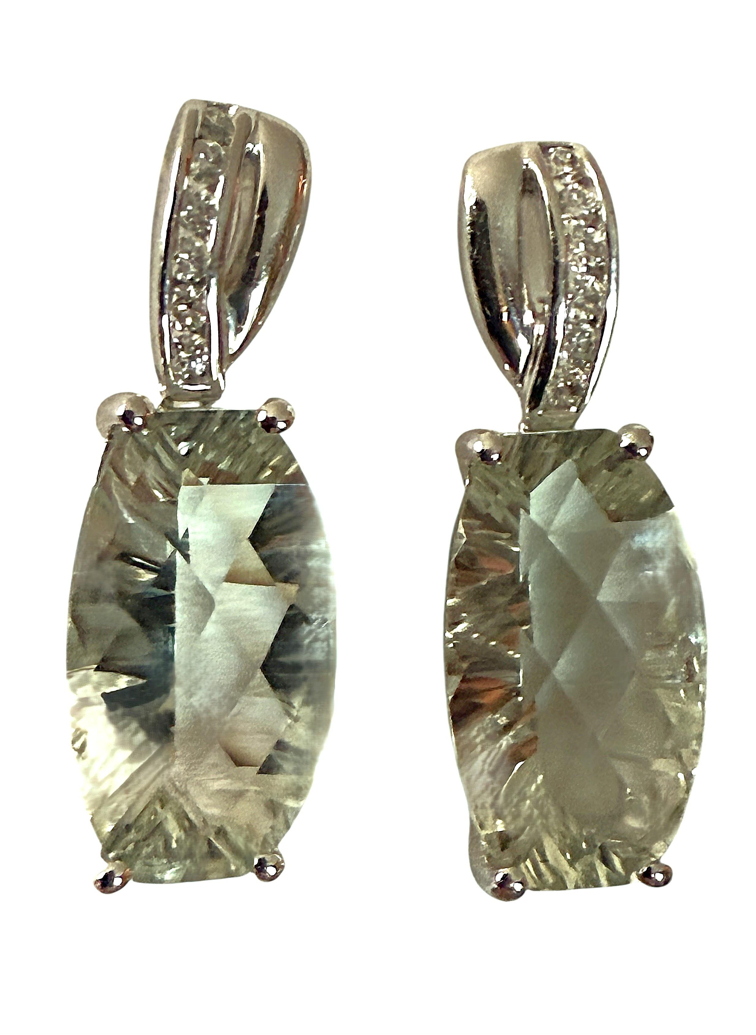 14k White Gold 7.5 Carat Prasiolite and Diamond Post Dangle Earrings For Sale 3