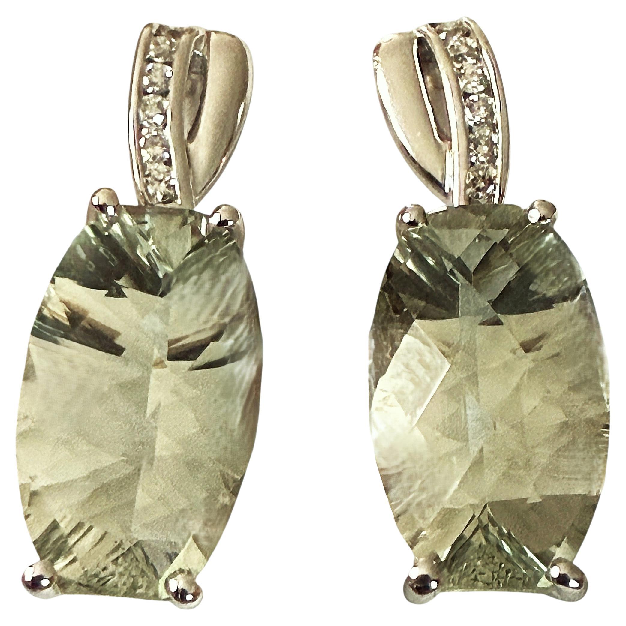14k White Gold 7.5 Carat Prasiolite and Diamond Post Dangle Earrings For Sale