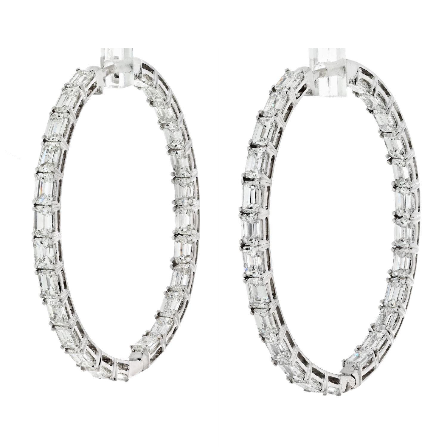 14k White Gold 7.50cttw Emerald Cut Diamond Hoop Earrings In New Condition In New York, NY