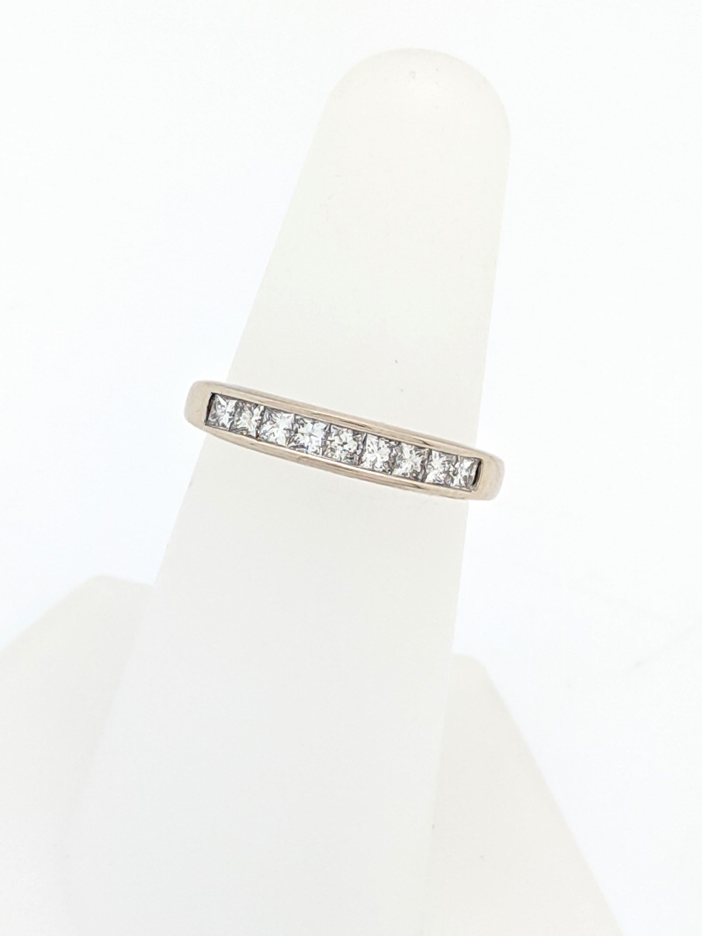 14K White Gold .75ctw Princess Cut Channel Set Diamond Wedding Band Ring

You are viewing a beautiful channel set diamond wedding band. This band is crafted from 14K white gold and weighs 3.4 grams. This ring features (9) natural princess cut