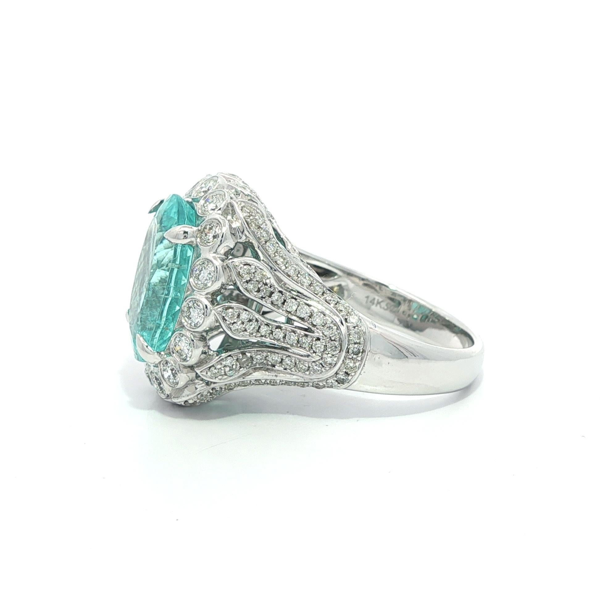 Bague en or blanc 14k 7.68ctw GIA Paraiba Green Blue Tourmaline Diamond Statement Ring en vente 6