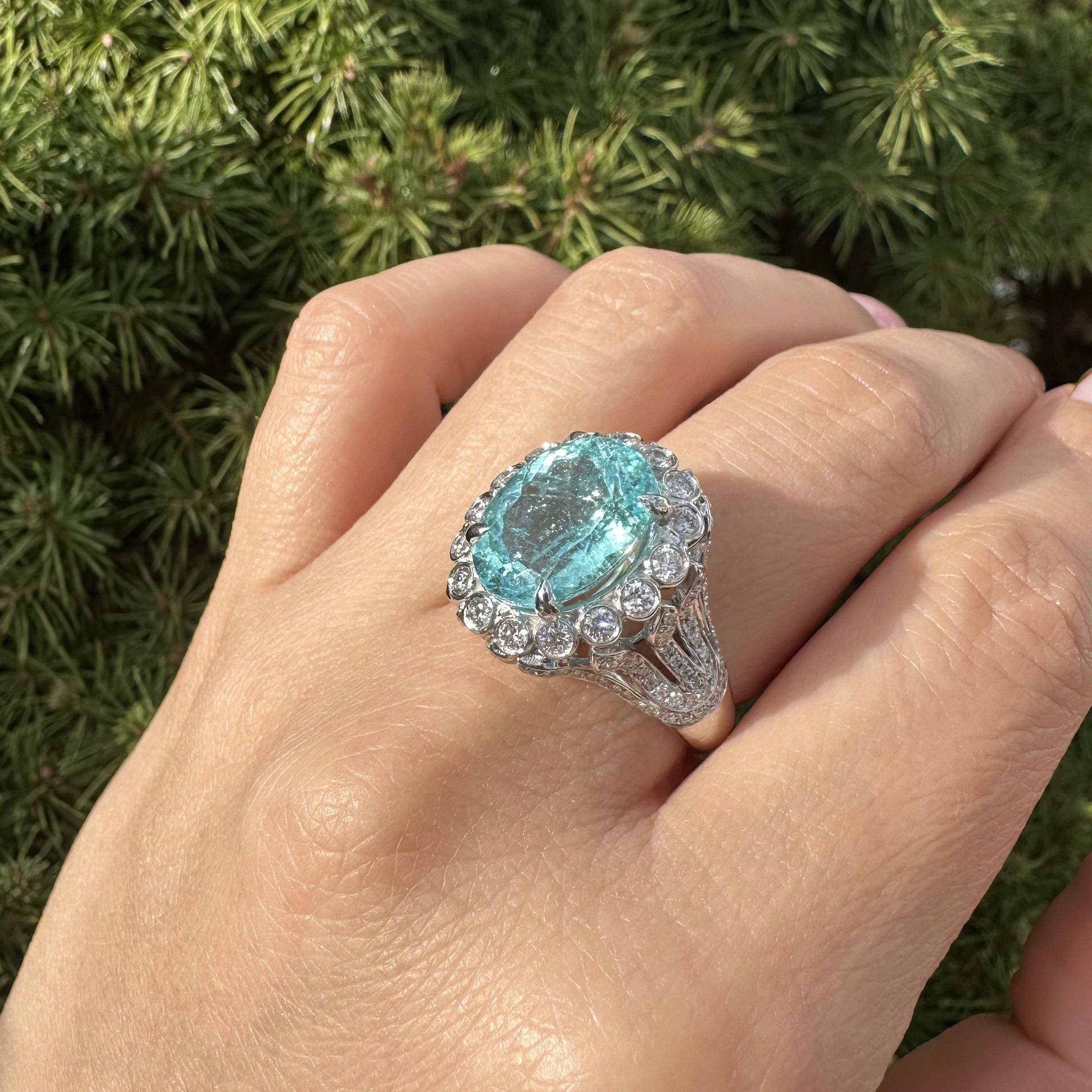 Bague en or blanc 14k 7.68ctw GIA Paraiba Green Blue Tourmaline Diamond Statement Ring en vente 12