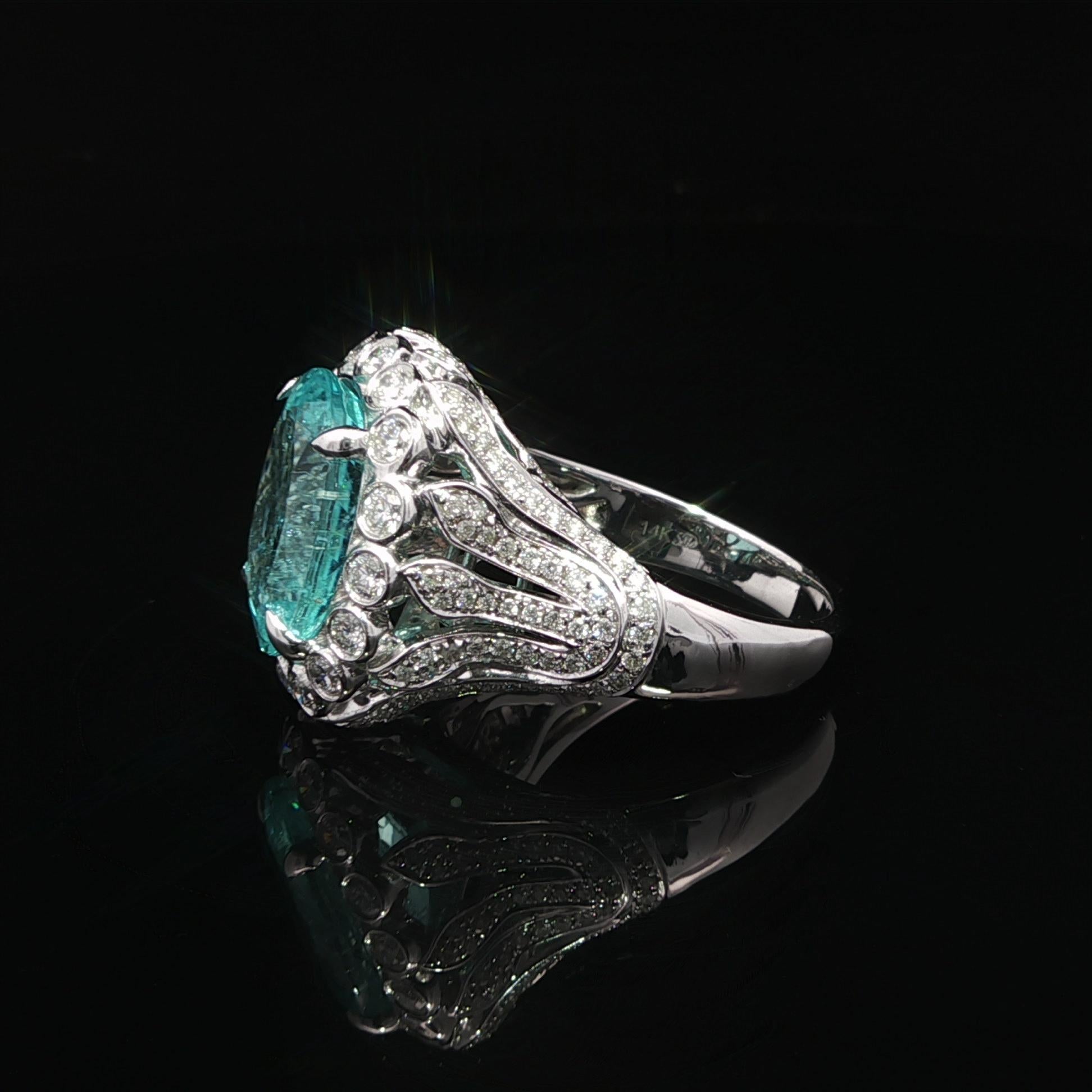 Bague en or blanc 14k 7.68ctw GIA Paraiba Green Blue Tourmaline Diamond Statement Ring Pour femmes en vente